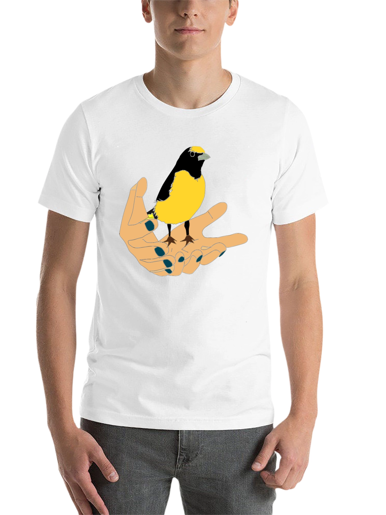 Black Bird on Hand Graphic Tee - Black Cotton T-Shirt view 14