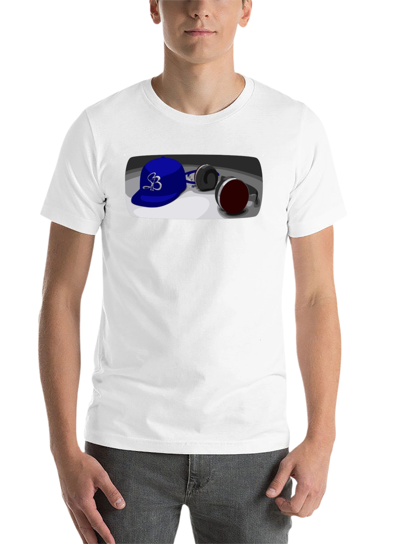 Black Cool Cartoon Blue Hat and Headphones Graphic Tee view 14