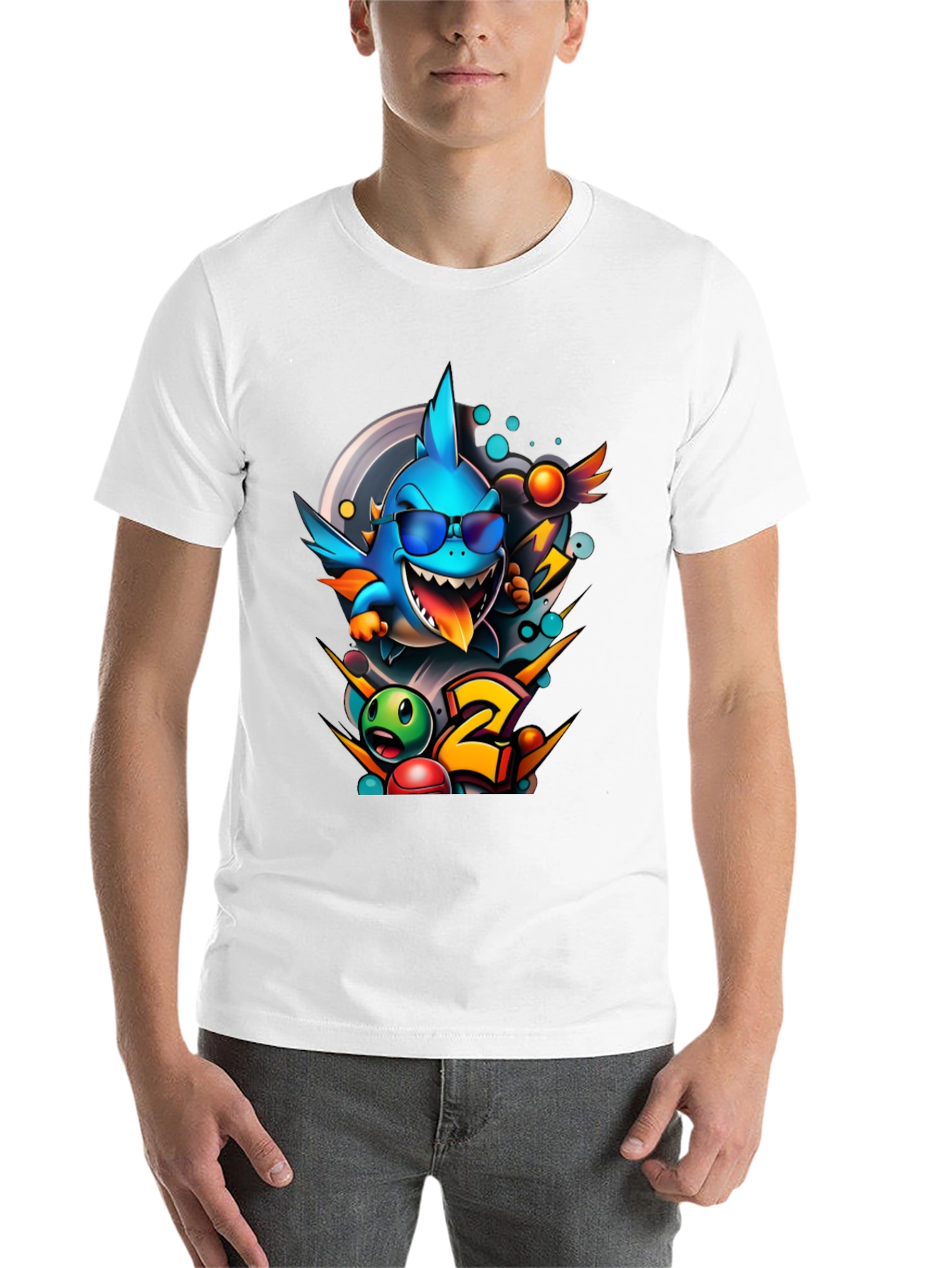 Black Cool Shark Cartoon Graphic Print T-Shirt view 14