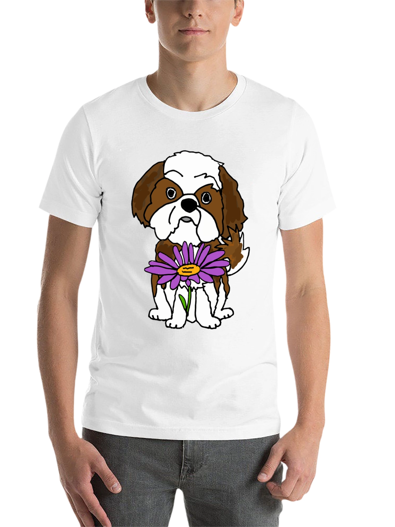 Black Cute Shih Tzu Dog with Flower Graphic T-Shirt view 14
