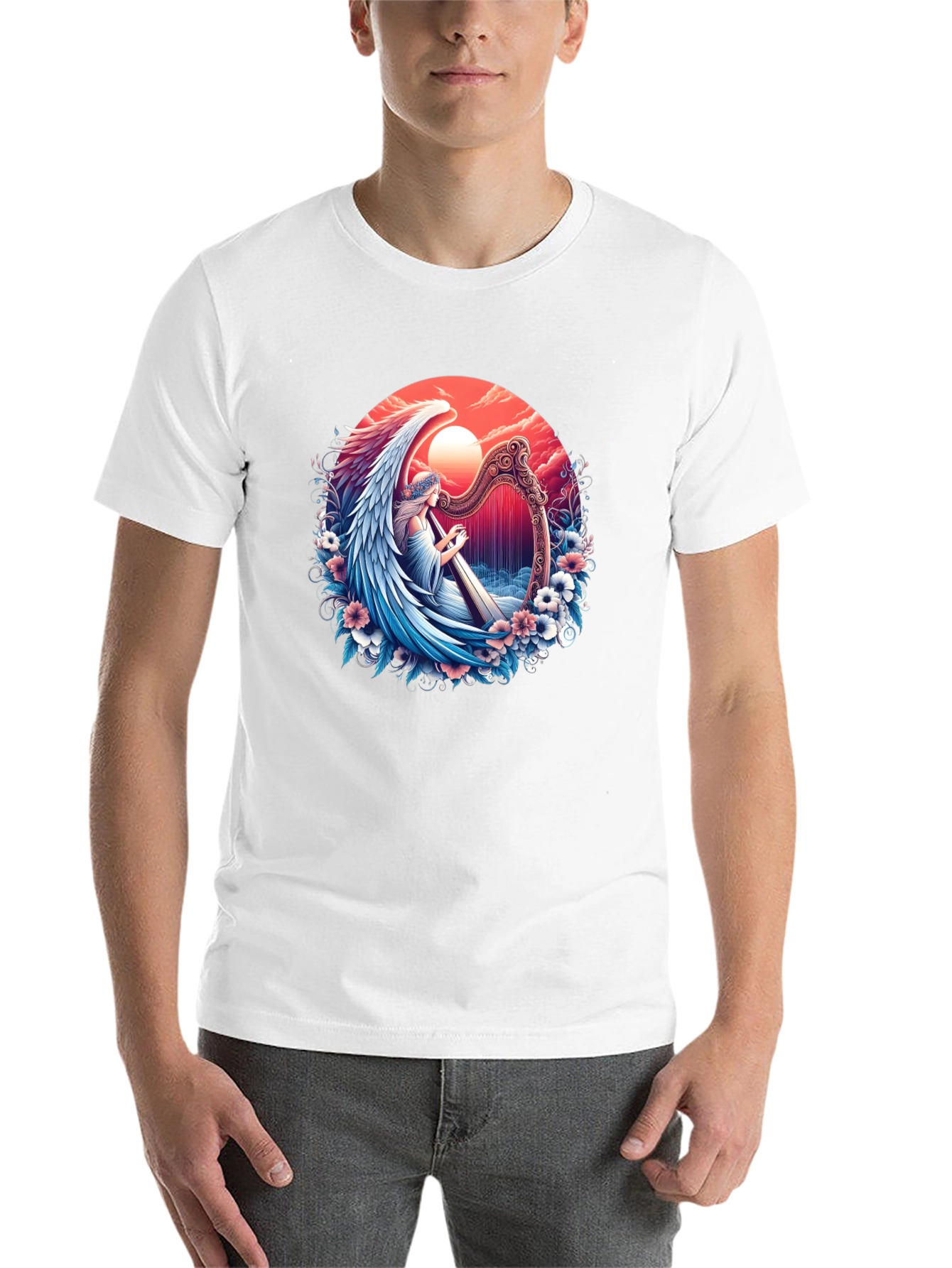 Black Angel Harpist Graphic T-Shirt - Celestial Harmony view 14