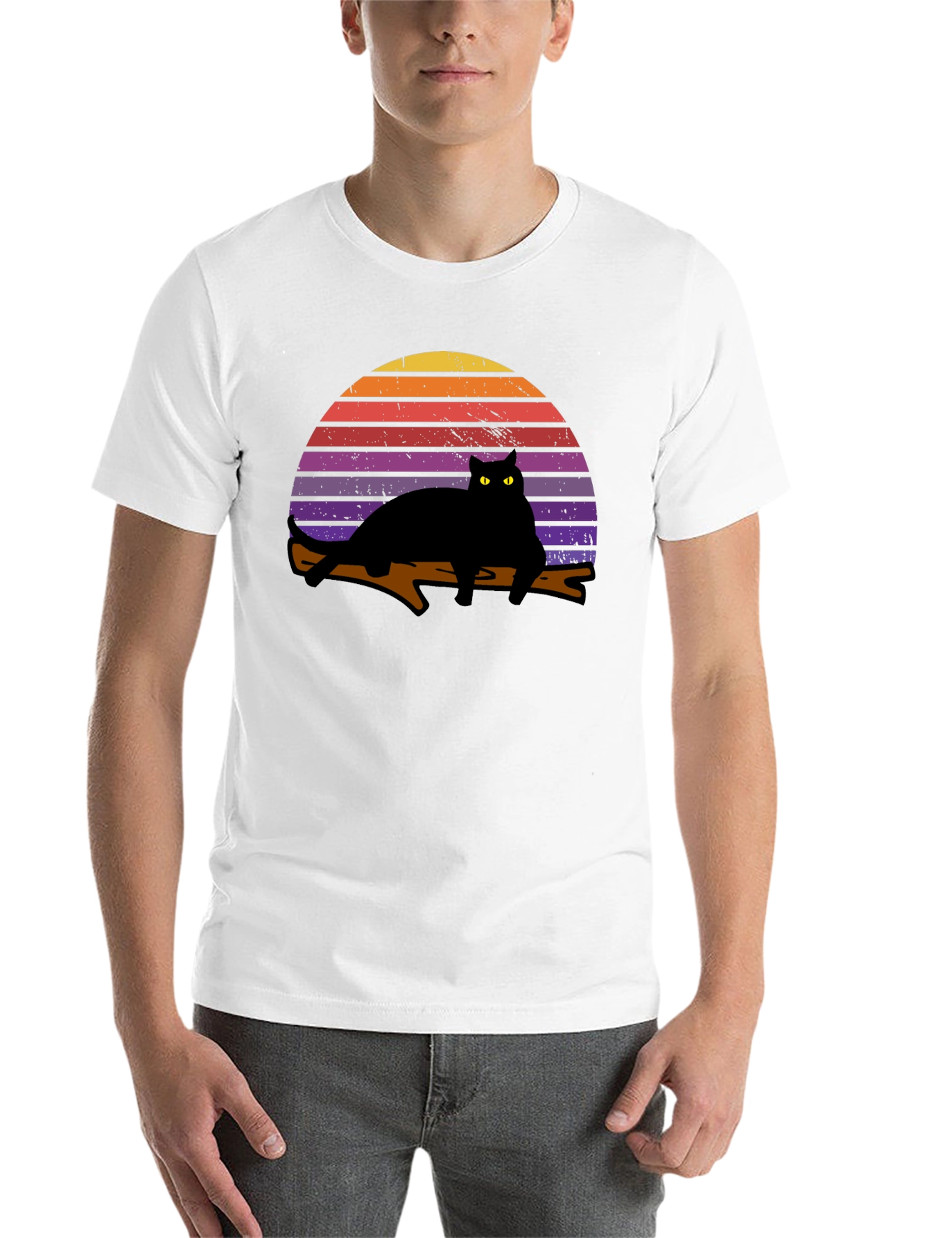 Black Retro Cat Sunset Graphic T-Shirt - Black view 14