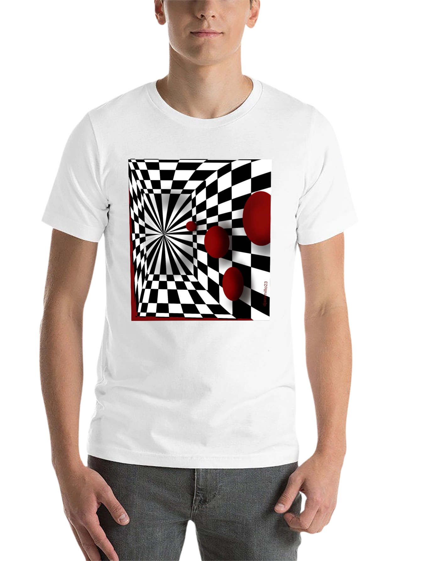 Black Optical Illusion Red Orb Black T-Shirt view 14