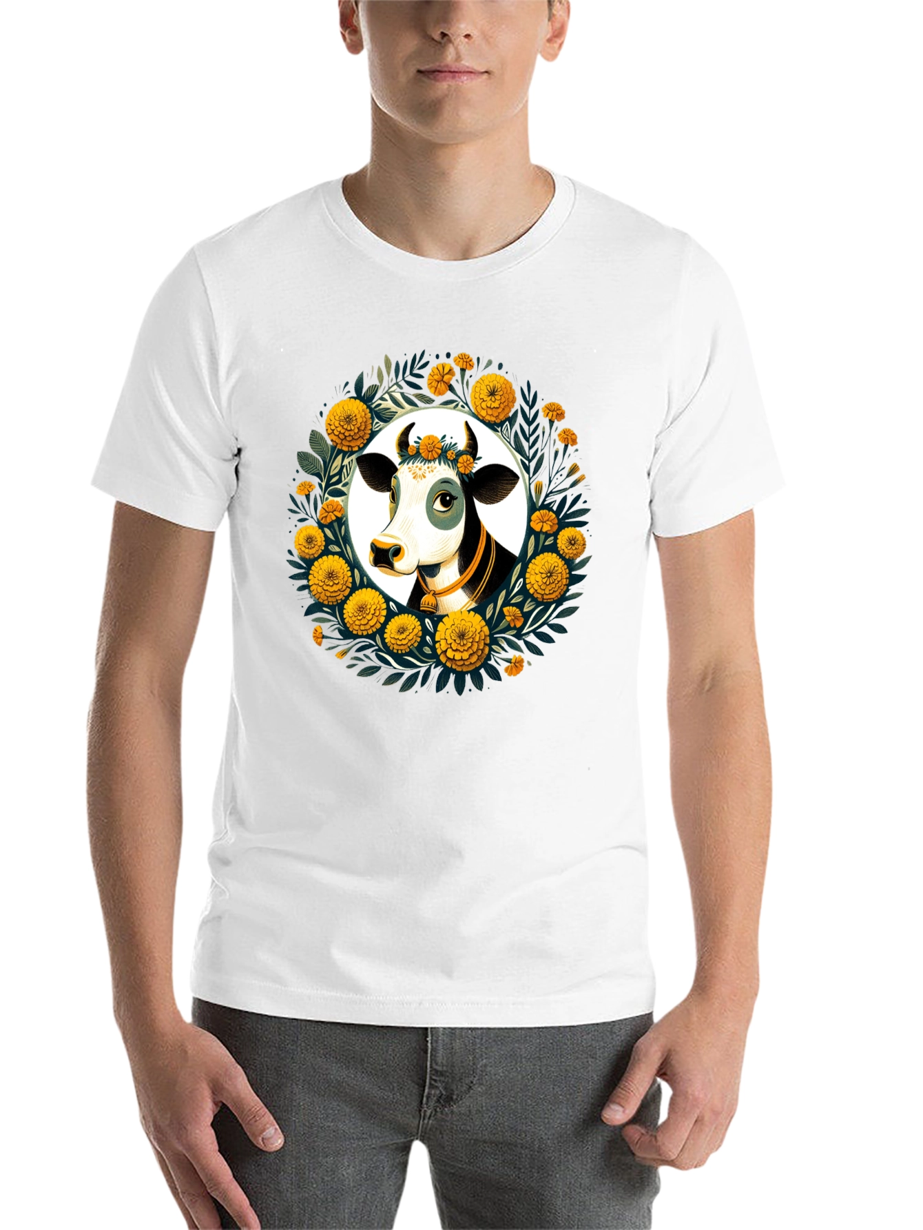 Black Floral Cow Graphic Tee - Black Unisex T-Shirt view 14