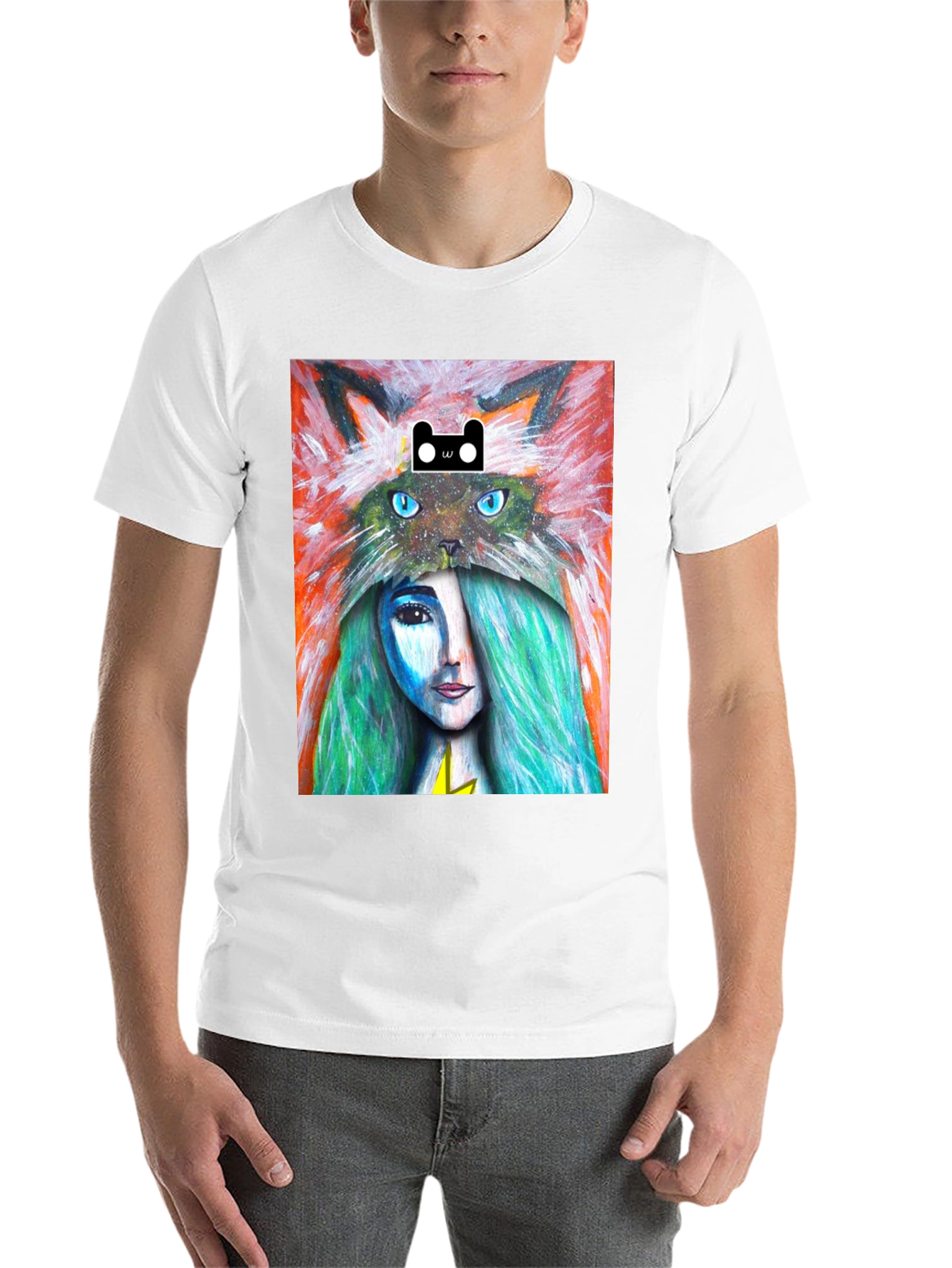 Black Artistic T-Shirt with Cat and Woman Design view 14
