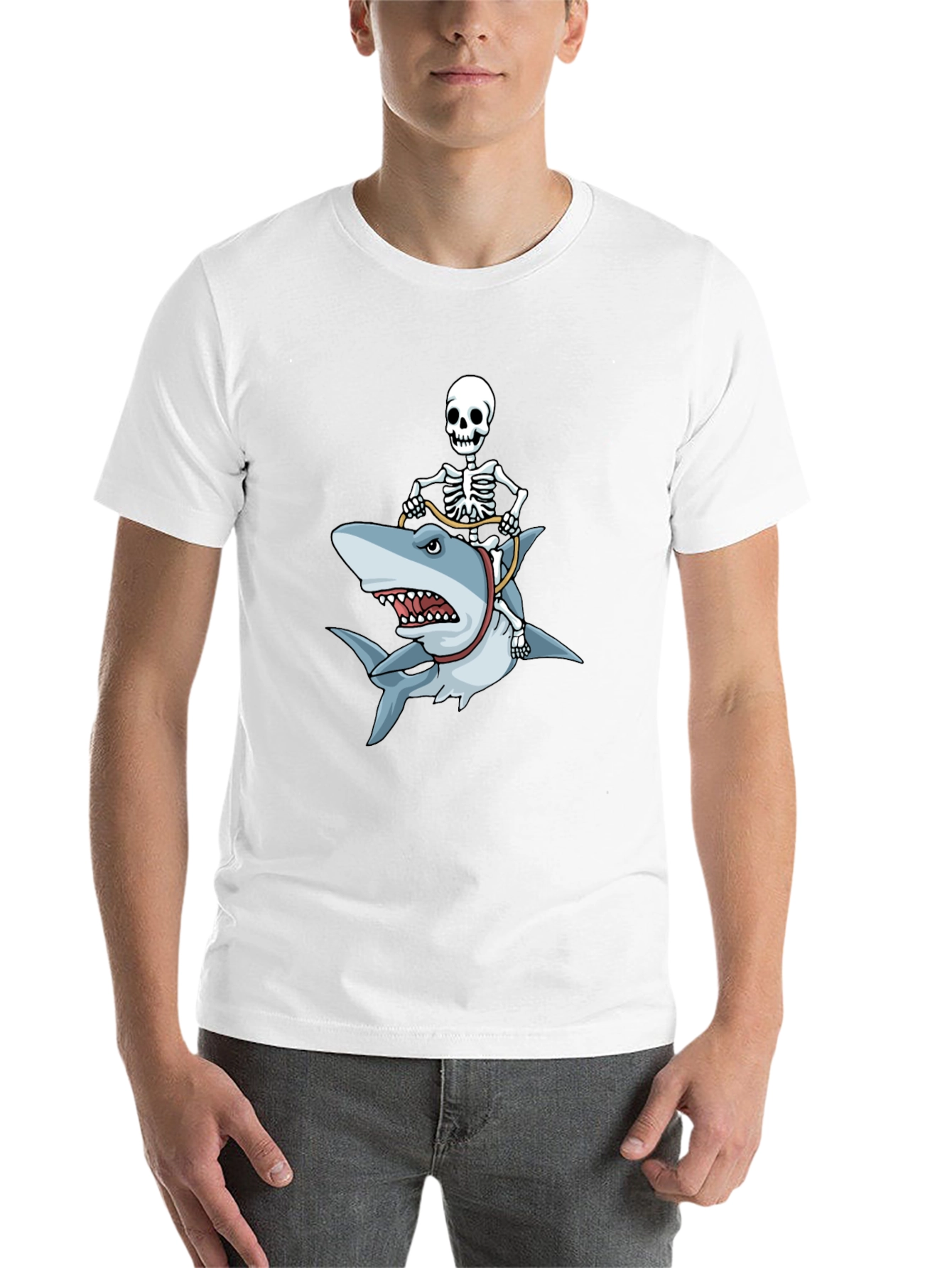 Black Skeleton Riding Shark Graphic T-Shirt view 14