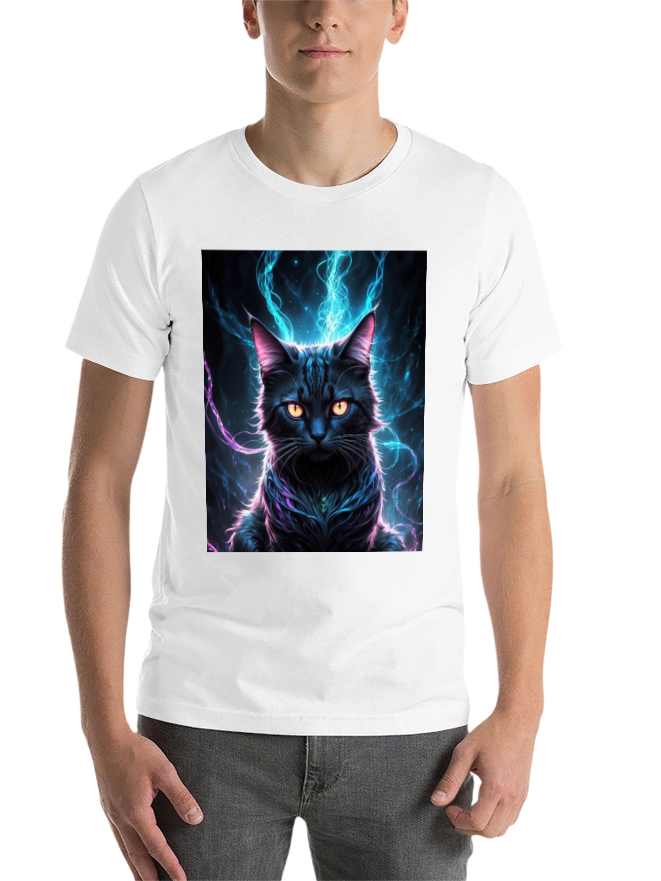 Mystic Feline T-Shirt: Black Cat with Electric Aura Design - 14