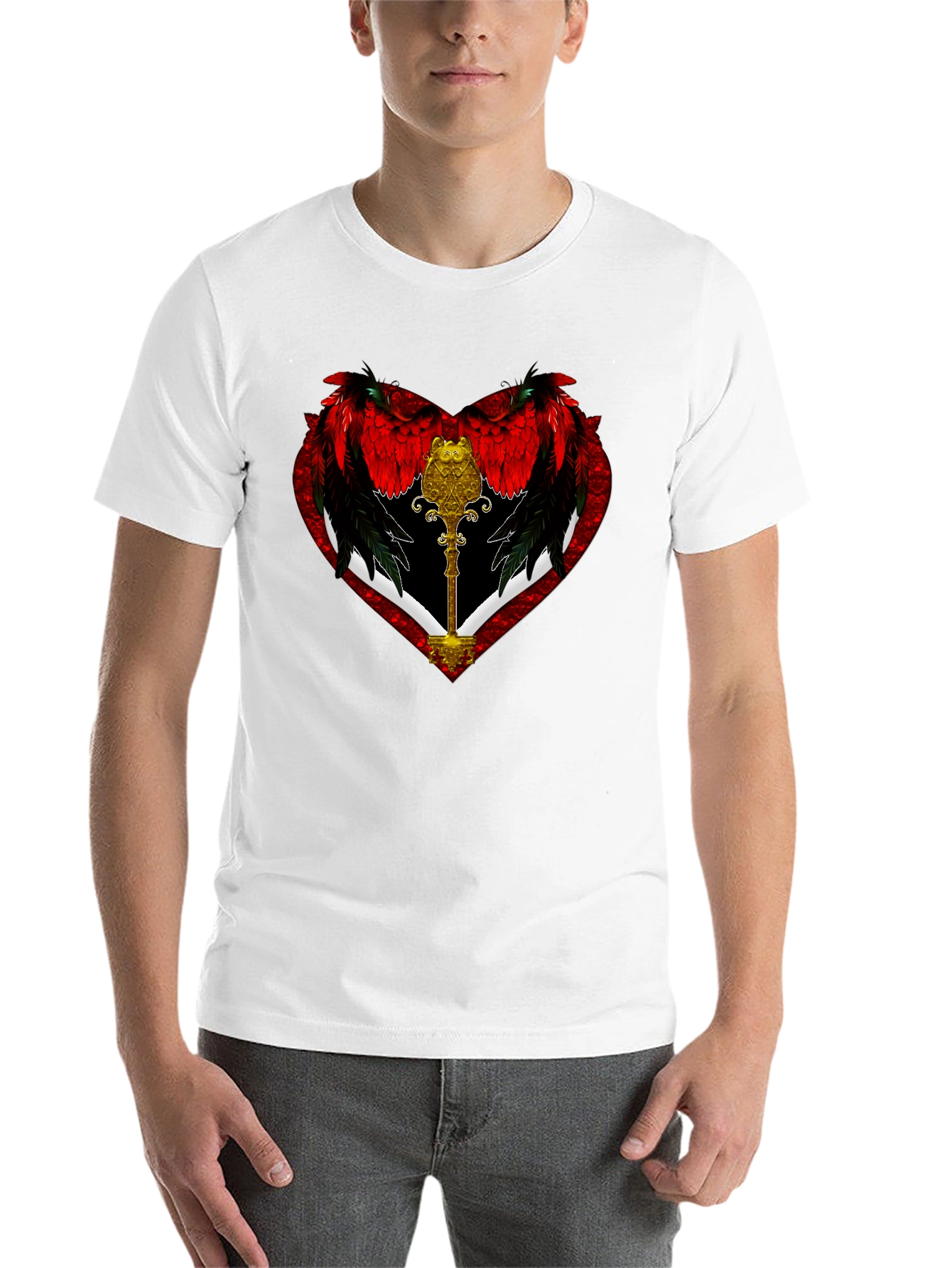 Black Winged Heart Key Graphic Black T-Shirt view 14