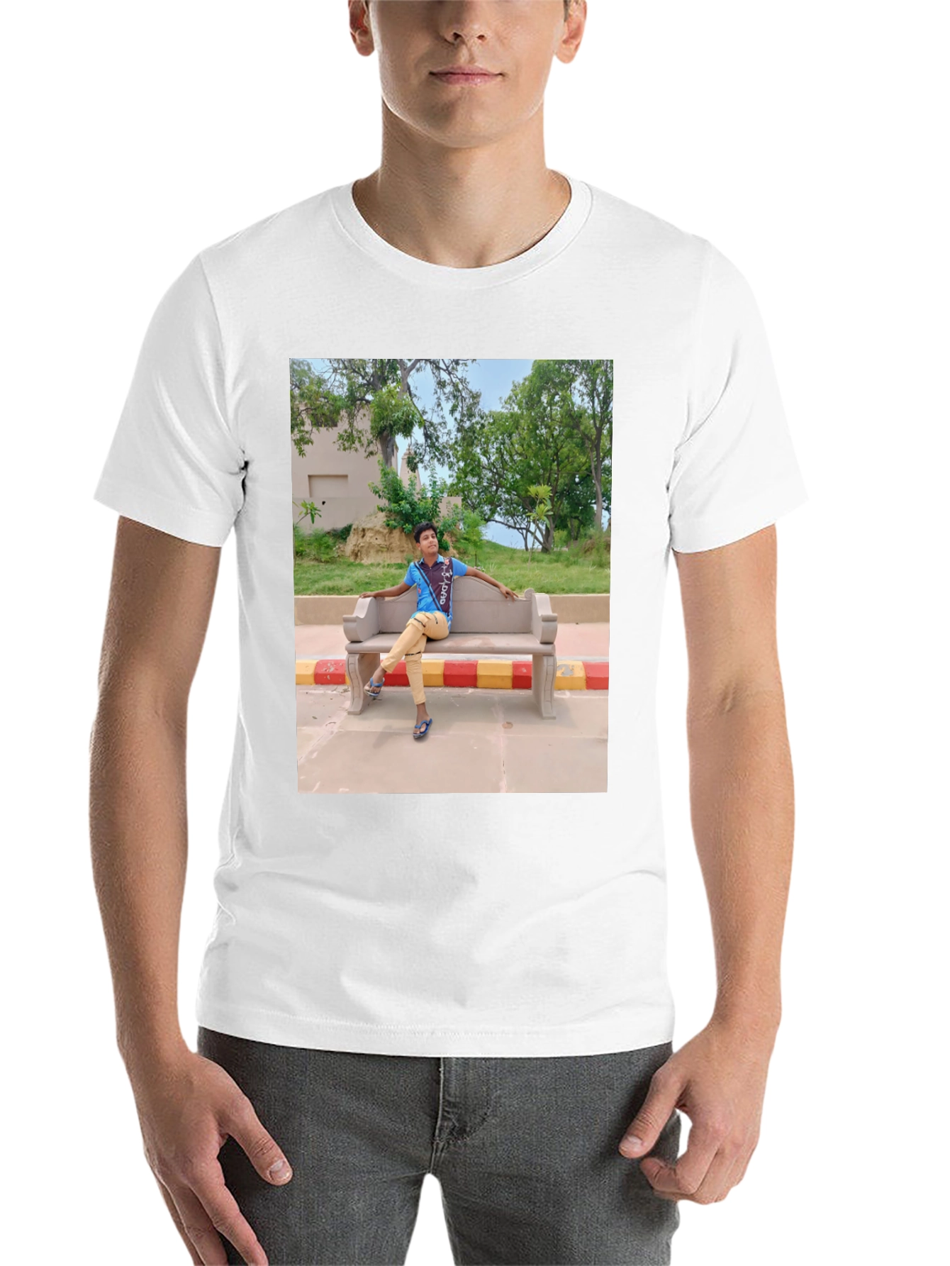 Black Black T-Shirt with Picture of Boy on Bench view 14