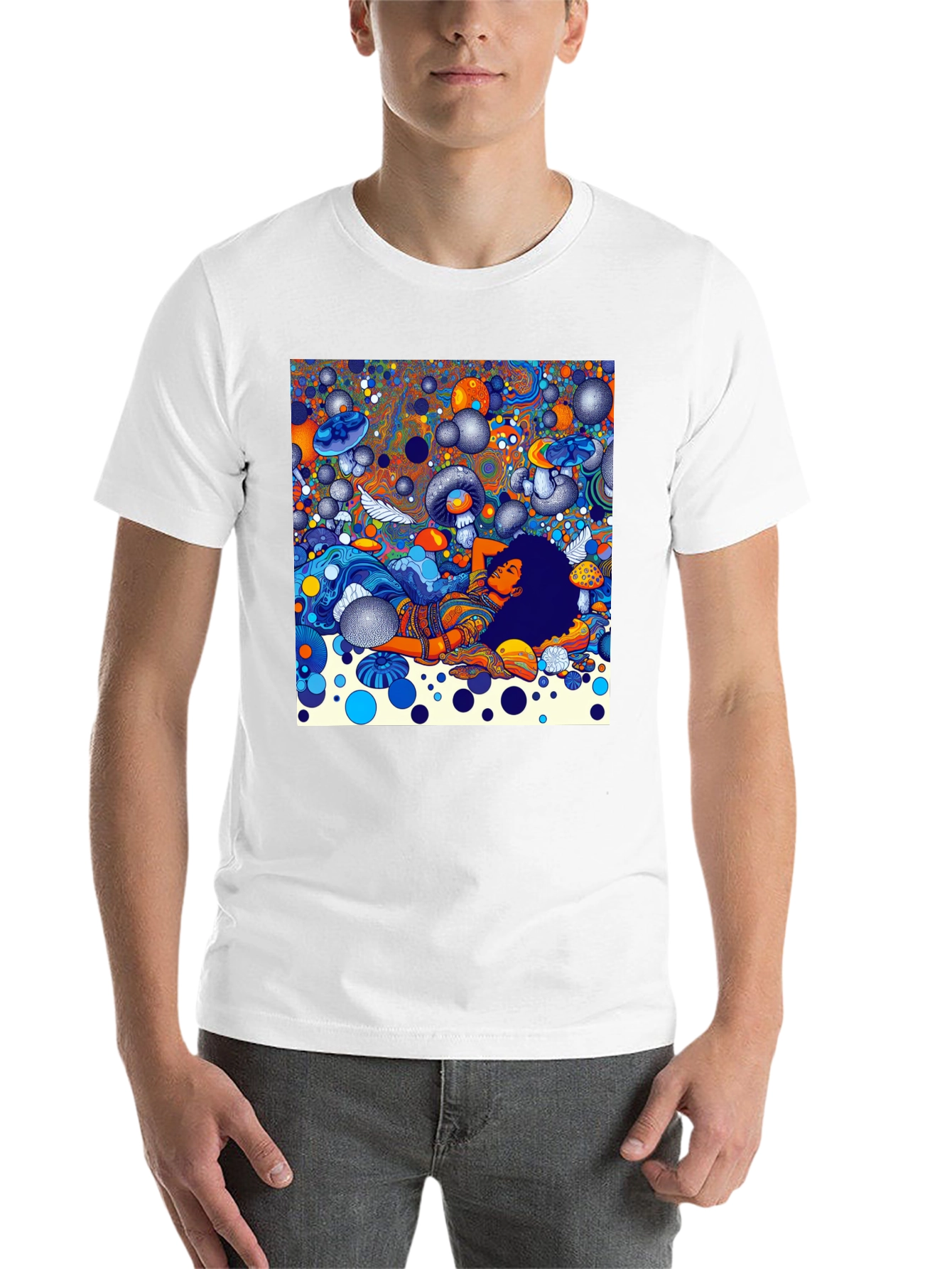 Black Psychedelic Dream T-Shirt - Colorful Mushroom Scene view 14
