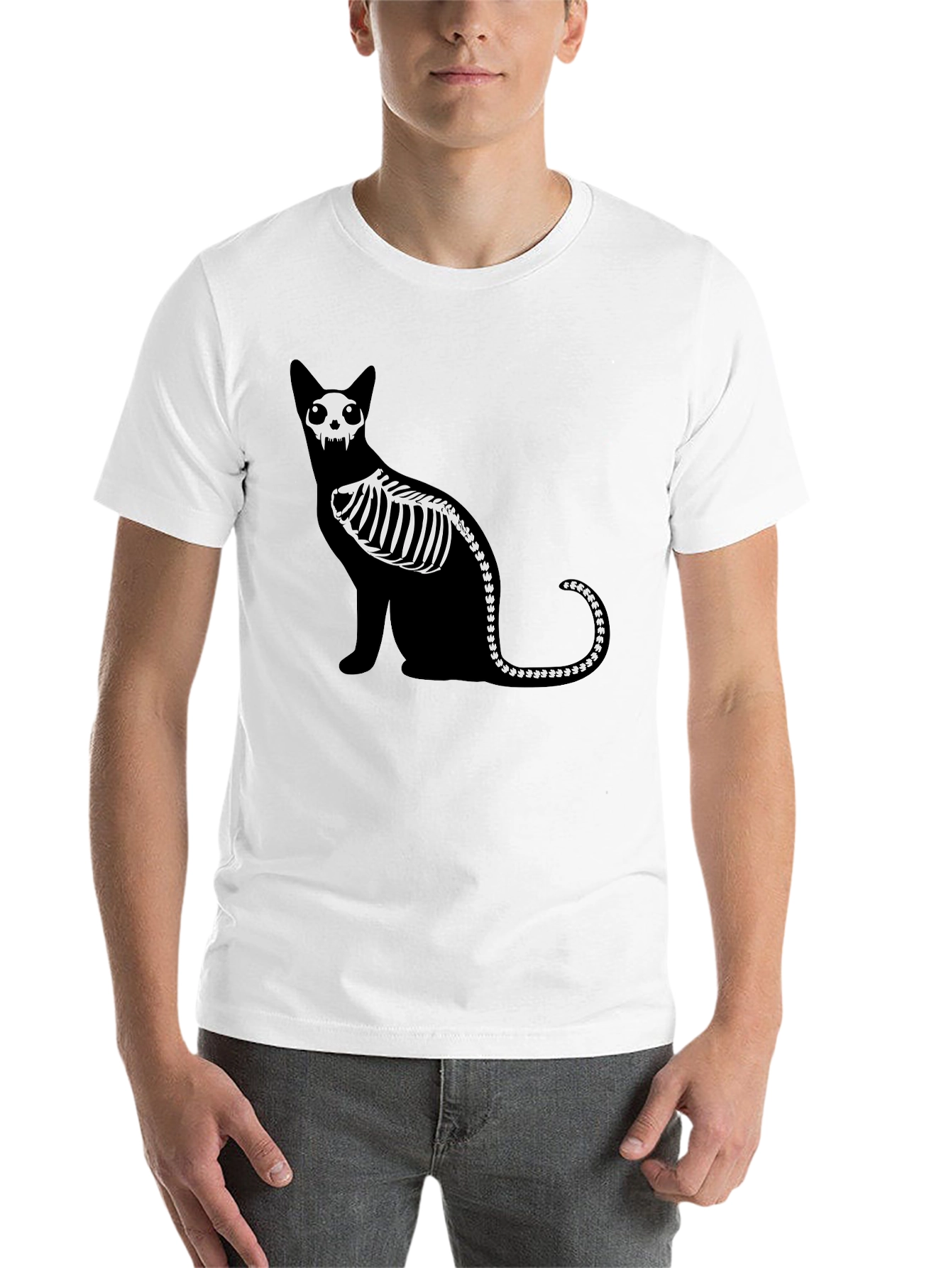 Black Skeleton Cat Graphic Tee - Black Cotton Shirt view 14
