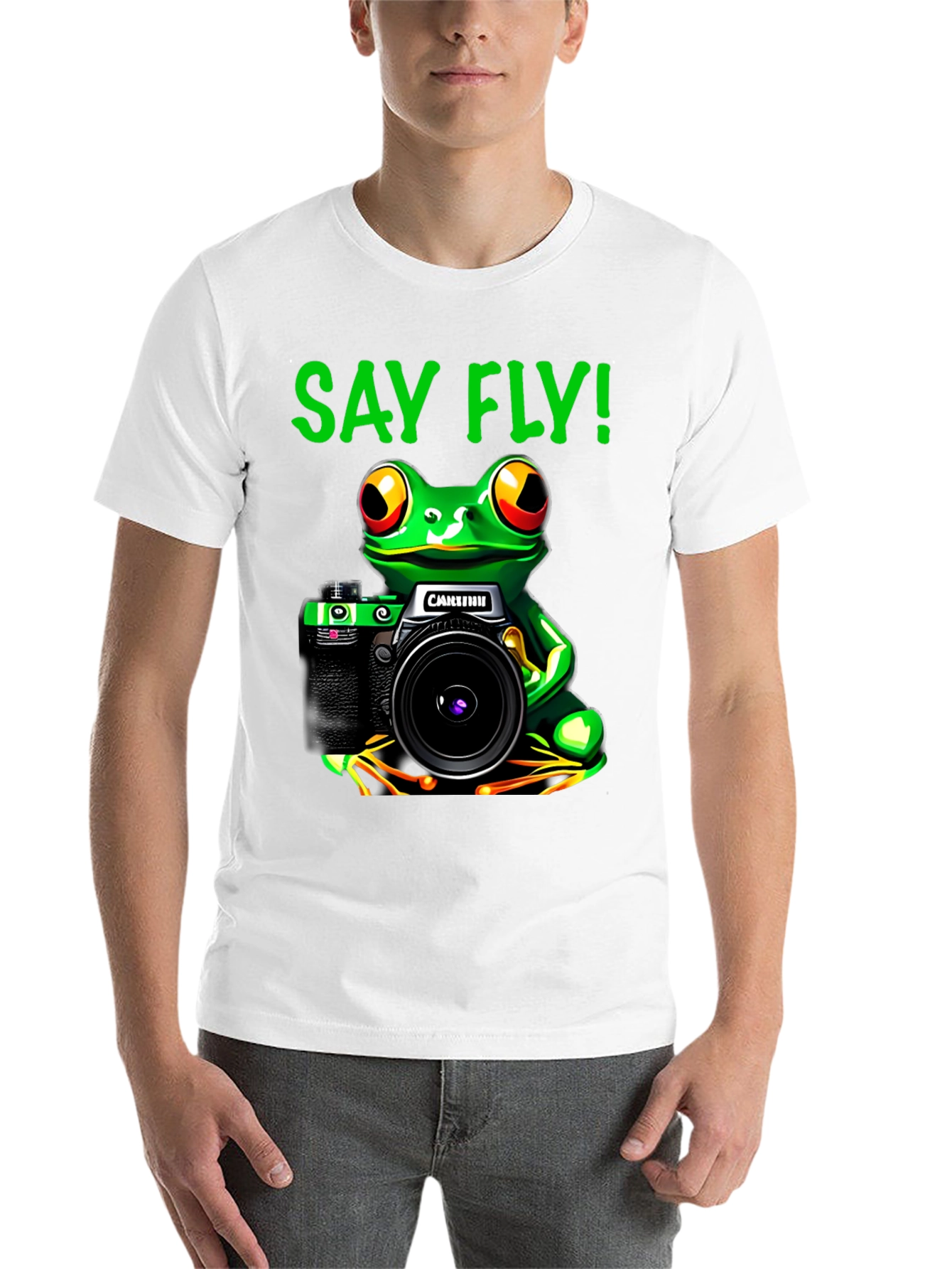 Black Frog Photographer T-Shirt - Say Fly! Black Cotton Tee view 14