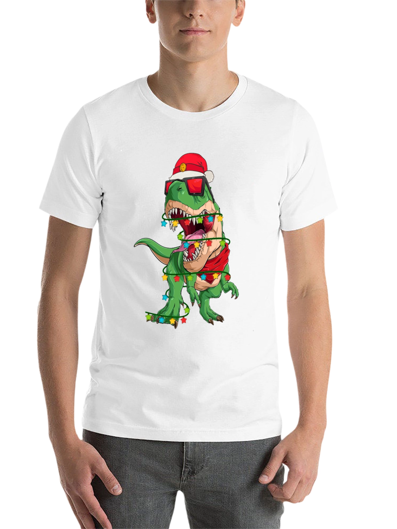Black Festive Dinosaur T-Shirt: Holiday T-Rex in Santa Hat view 14