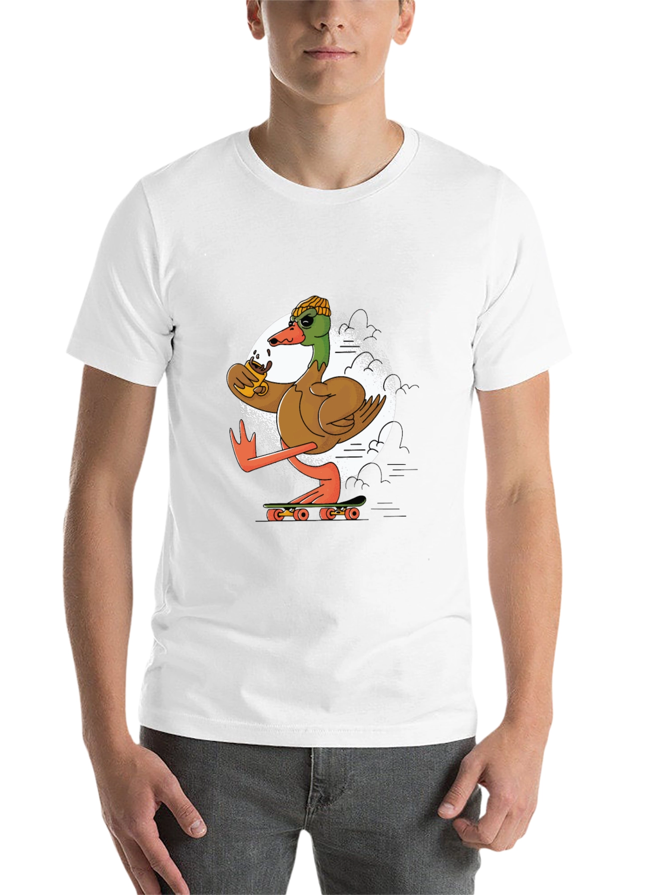 Black Skateboarding Duck T-Shirt: Cool Coffee Drinking Bird view 14