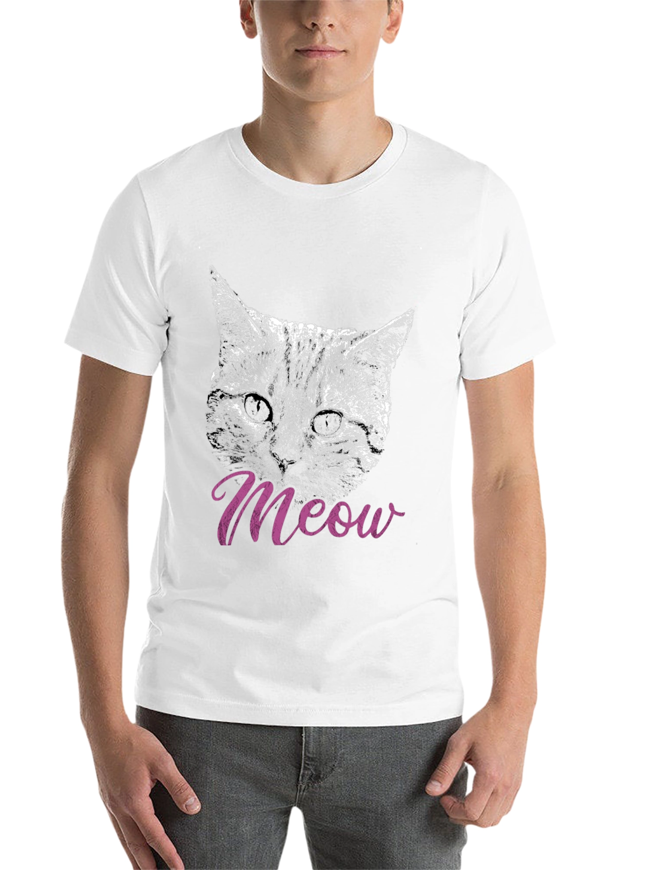 Black Cat Meow T-Shirt, Black, Crew Neck, Casual view 14