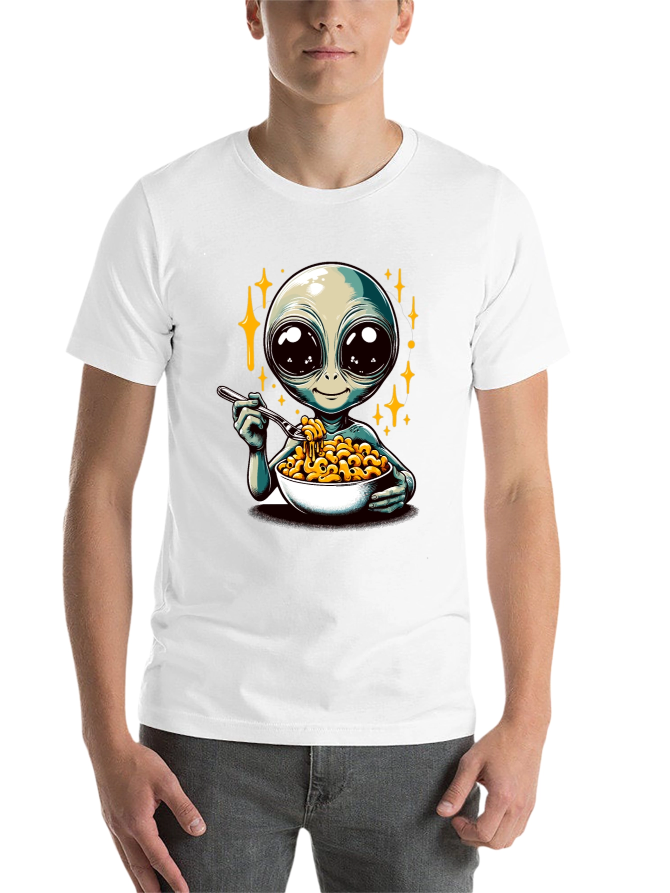 Black Alien Eating Mac & Cheese Graphic T-Shirt view 14