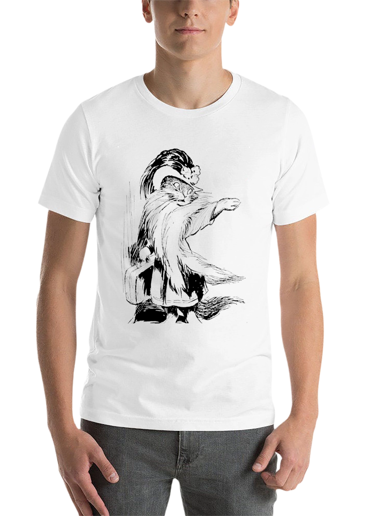 Whimsical Wizard Cat Graphic Tee - Black Cotton T-Shirt - 14