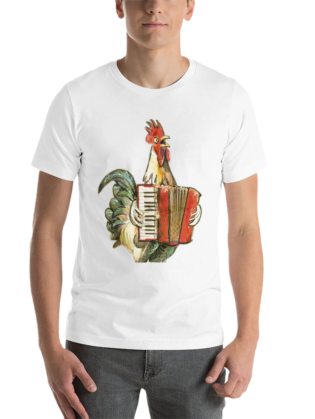 Black Funny Rooster Accordion T-Shirt - Novelty Tee view 14