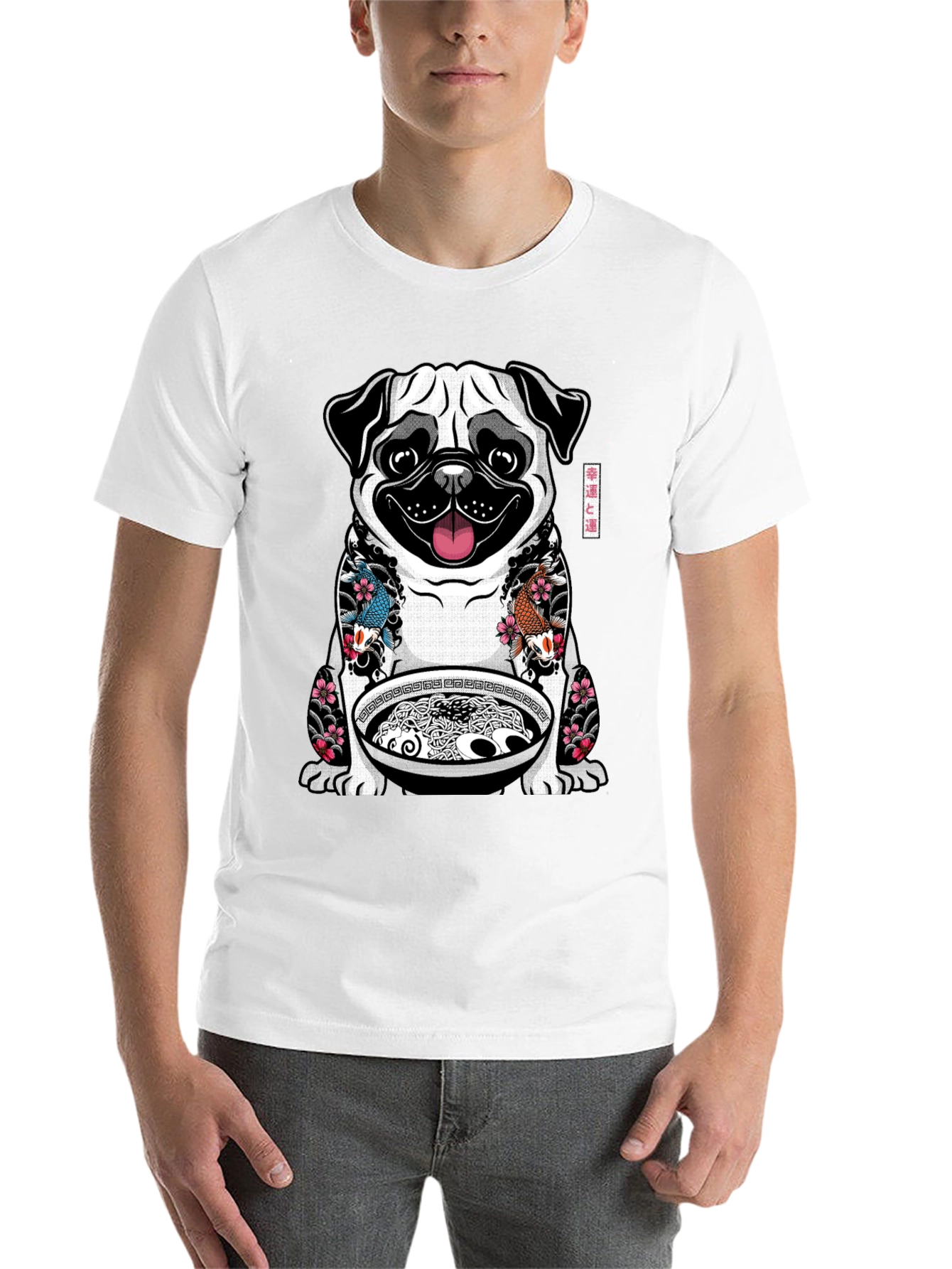 Black Ramen Pug Graphic T-Shirt - Unique Design view 14