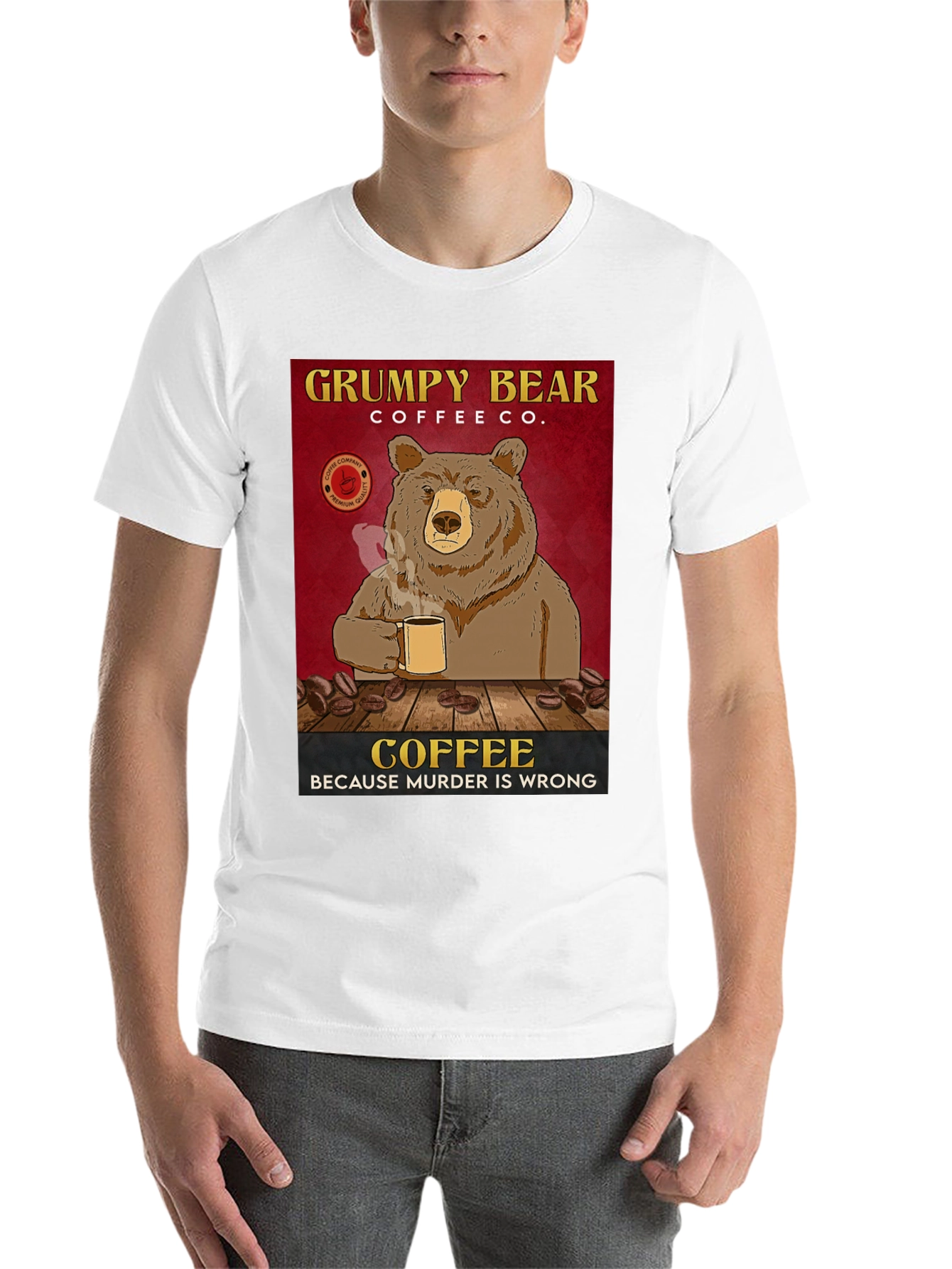 Black Grumpy Bear Coffee Co. T-Shirt - Coffee Because Murder is Wrong view 14