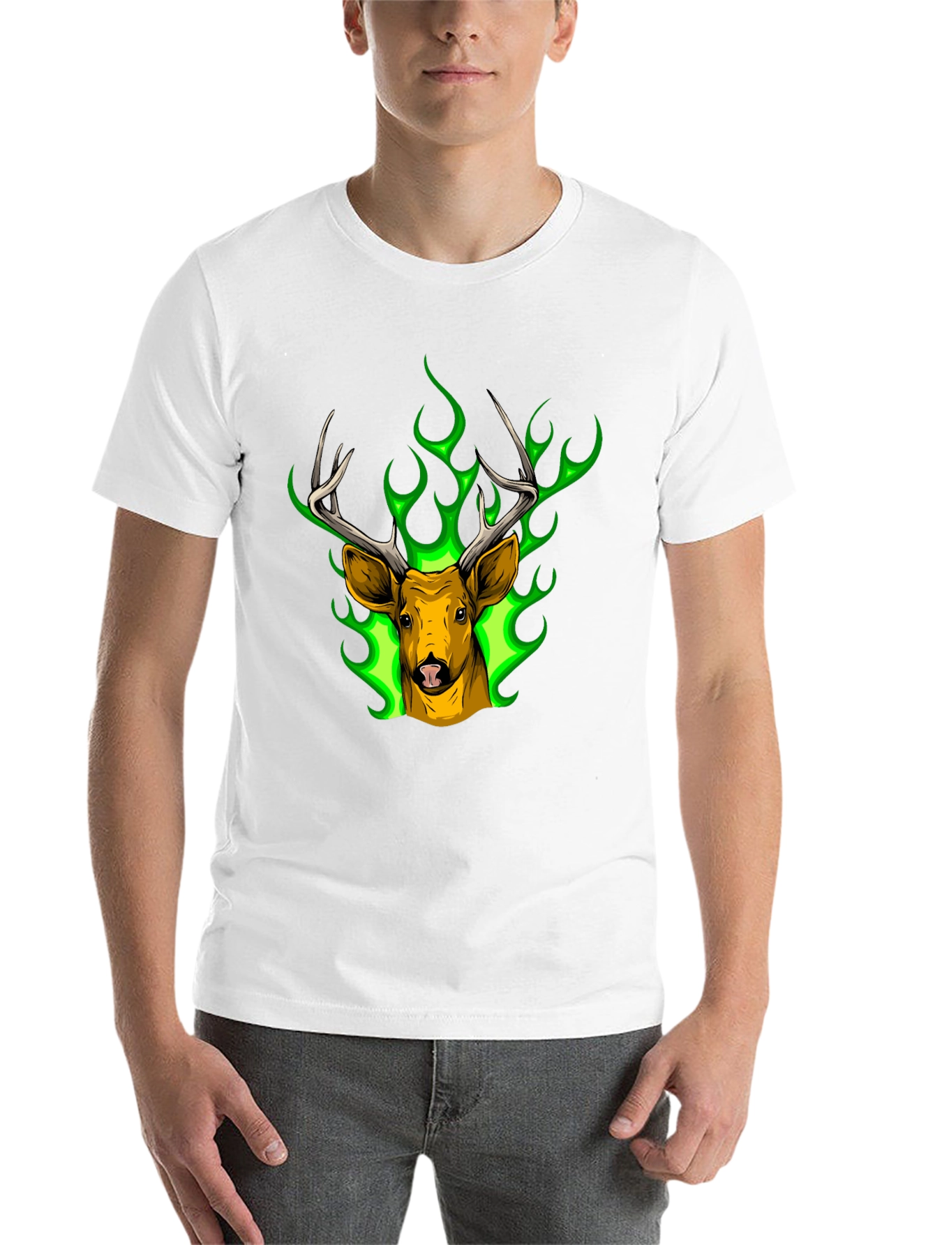 Black Deer Head Graphic Tee - Green Flame Stag Design view 14