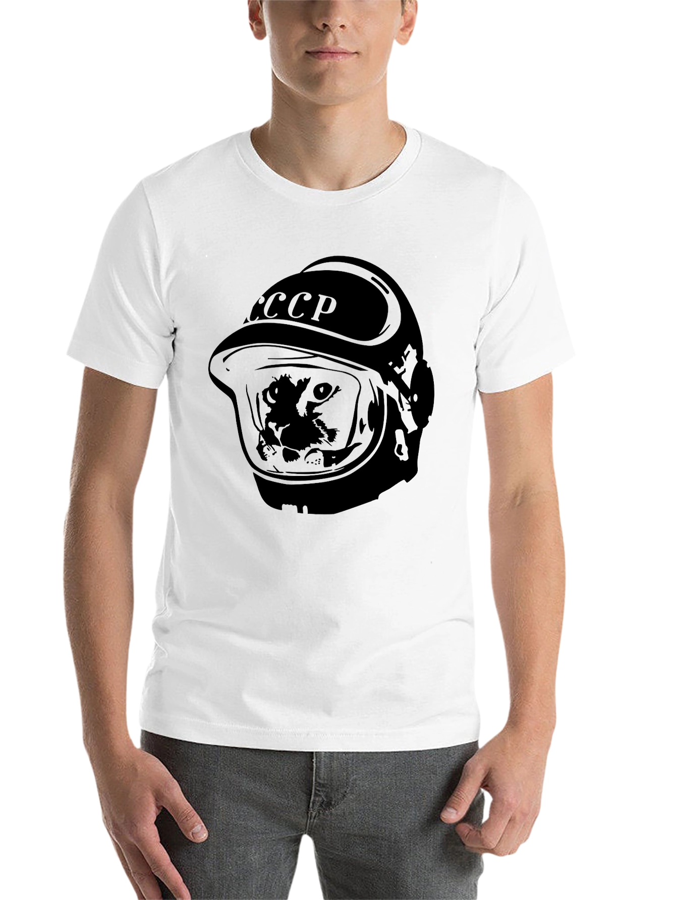 Black Soviet Space Dog T-Shirt - USSR Laika in Helmet view 14