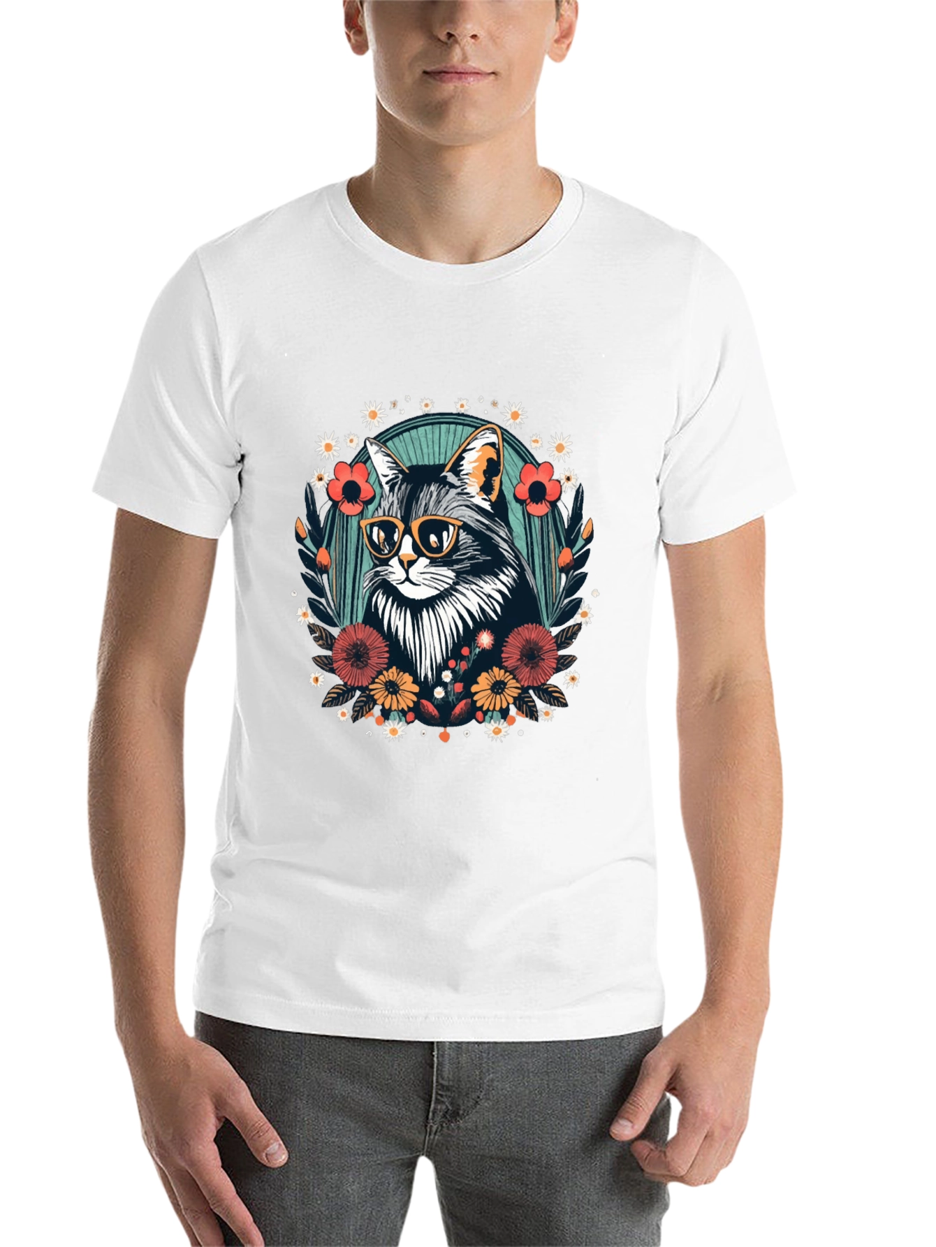 Black Cool Cat Floral Graphic T-Shirt - Unisex view 14