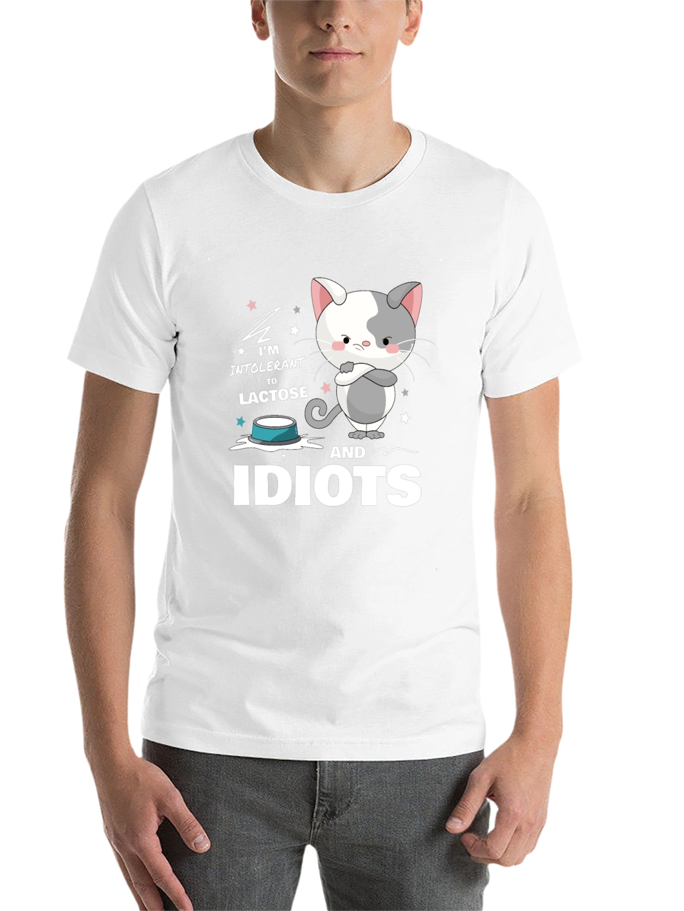 Black Intolerant to Lactose and Idiots Funny Cat T-Shirt view 14
