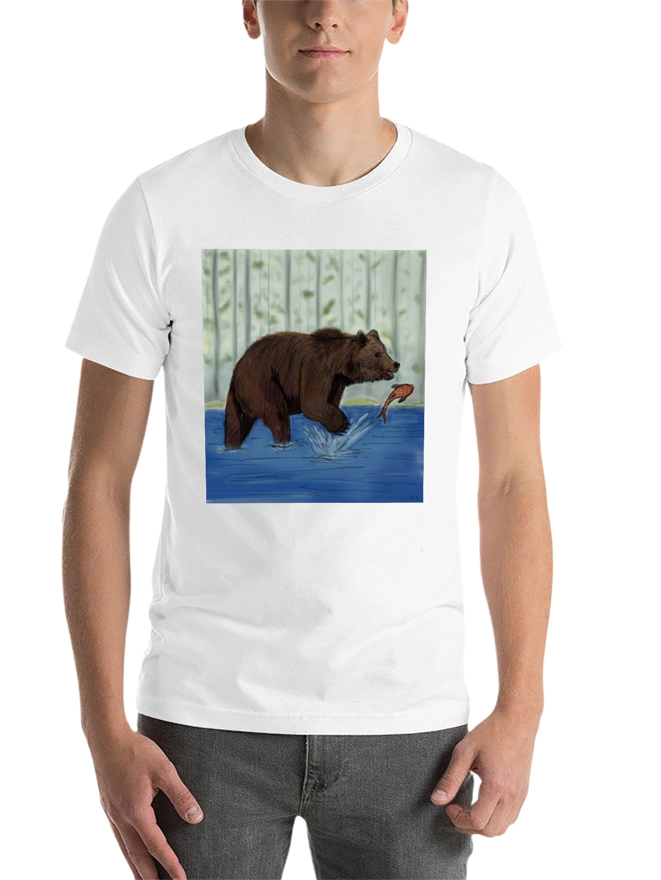 Black Bear and Fish Graphic Tee - Black Cotton Blend view 14