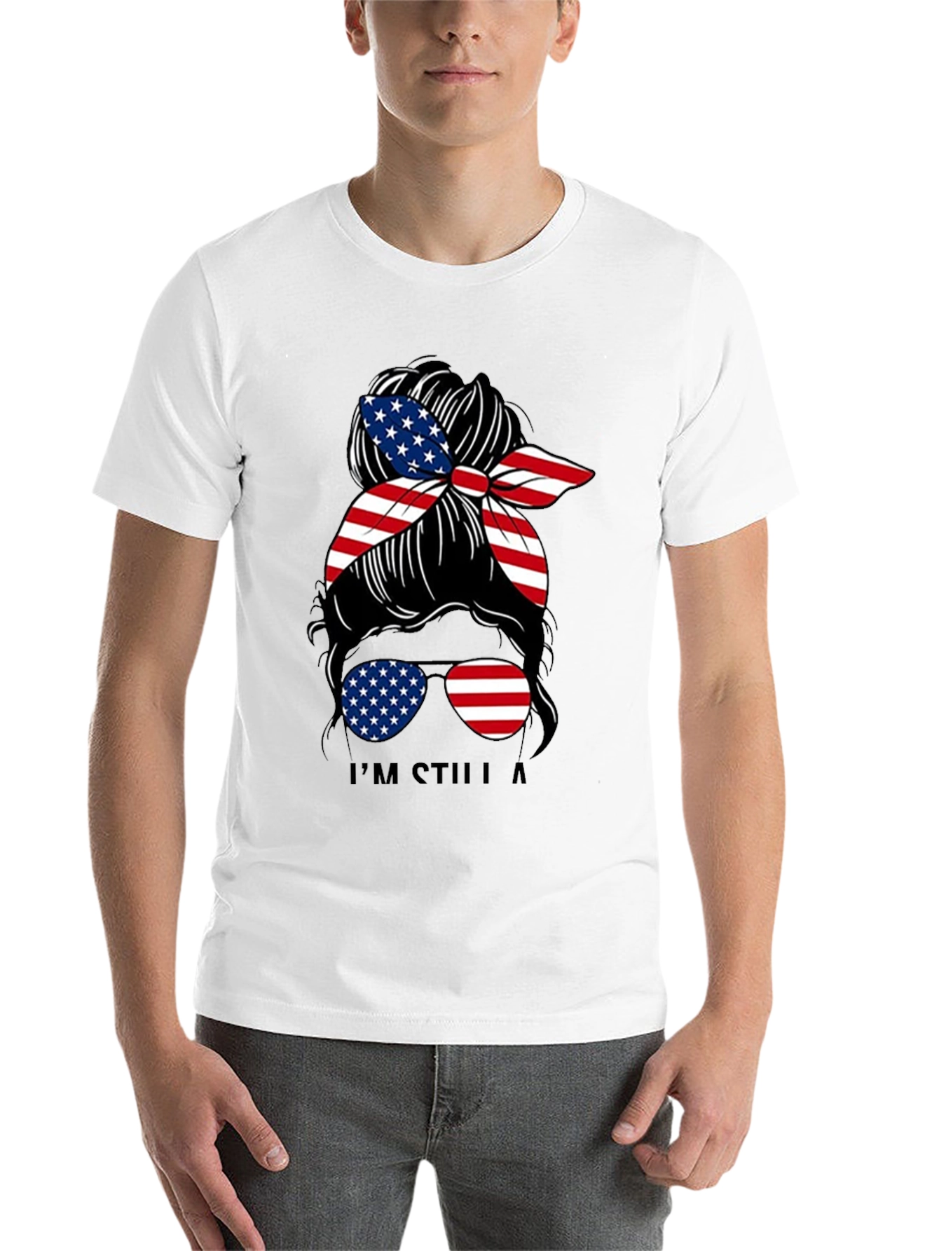 Black Patriotic Messy Bun T-Shirt - American Flag view 14