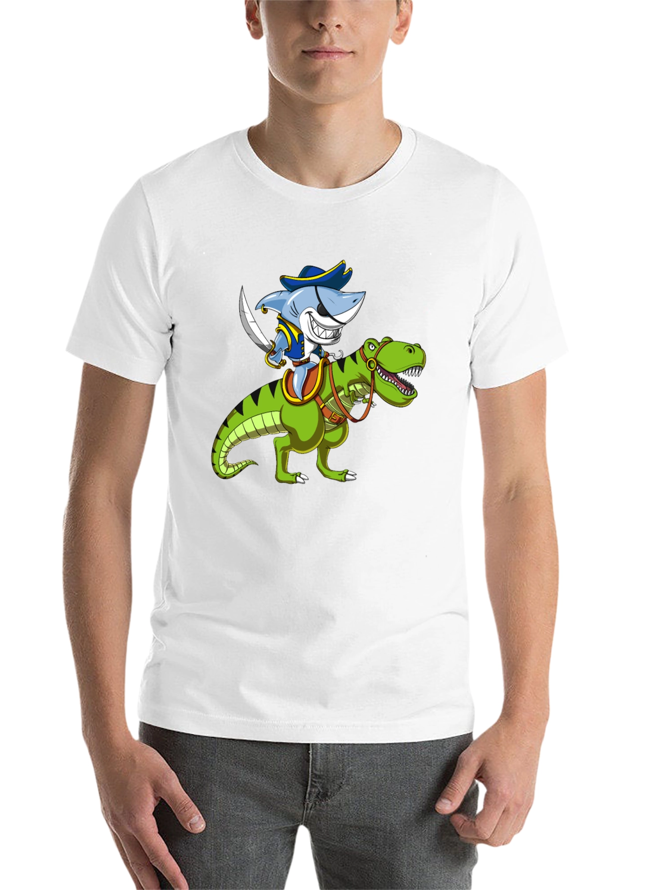 Black Shark Pirate Riding Dinosaur Graphic T-Shirt view 14