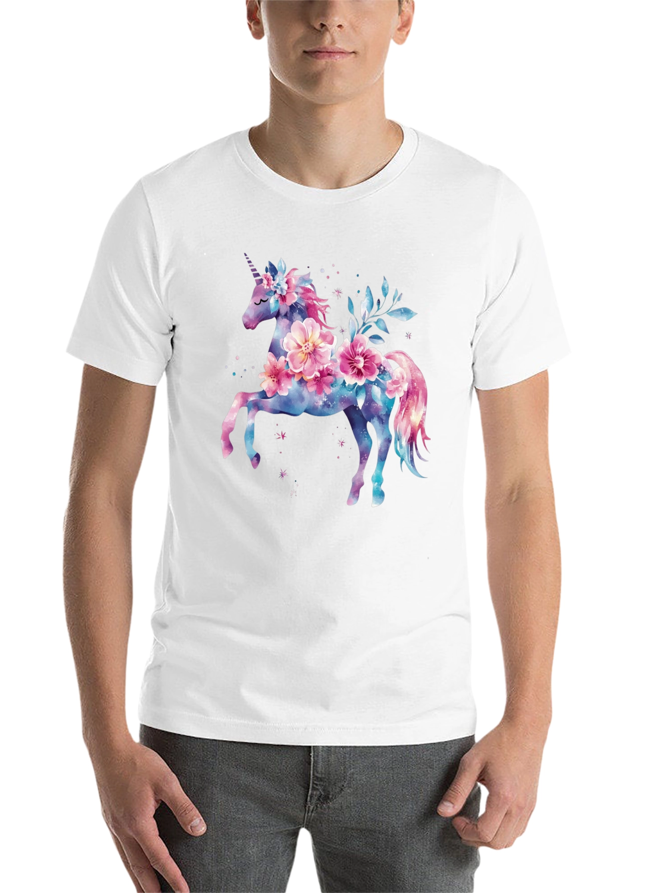 Floral Unicorn Graphic Tee - Black Cotton Blend Shirt - 14