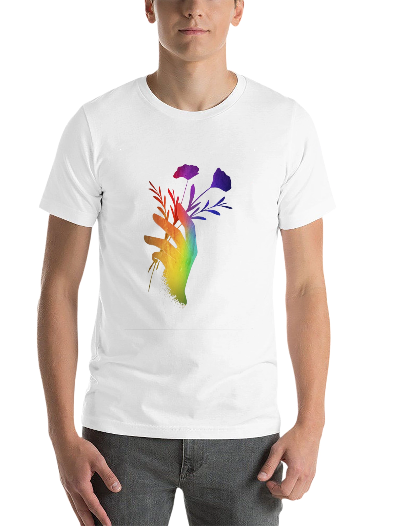 Black Rainbow Hand Holding Flowers Black T-Shirt view 14