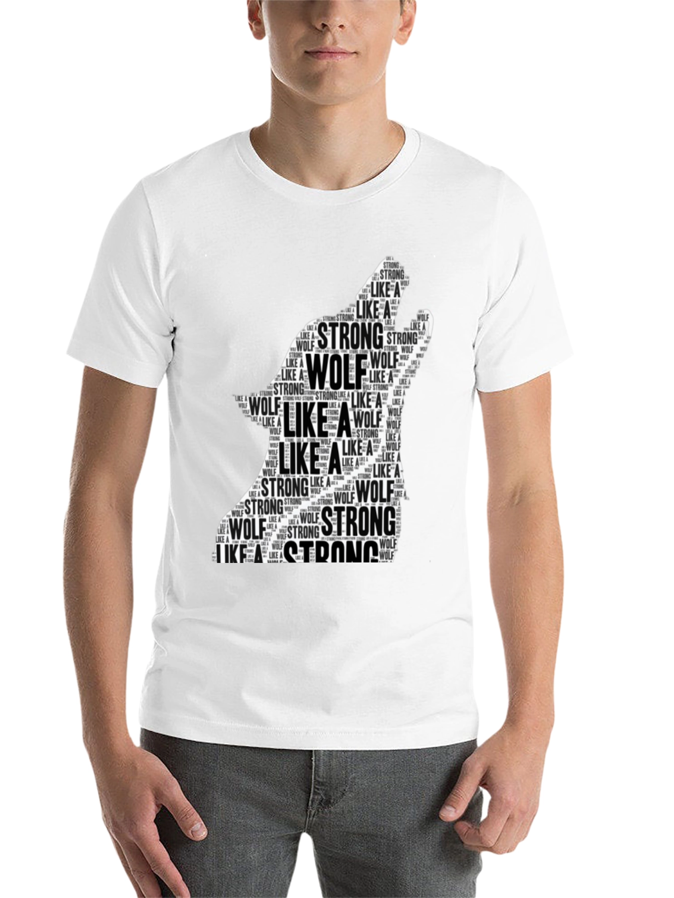 Black Wolf Silhouette Word Art T-Shirt - Strong Like a Wolf Tee view 14