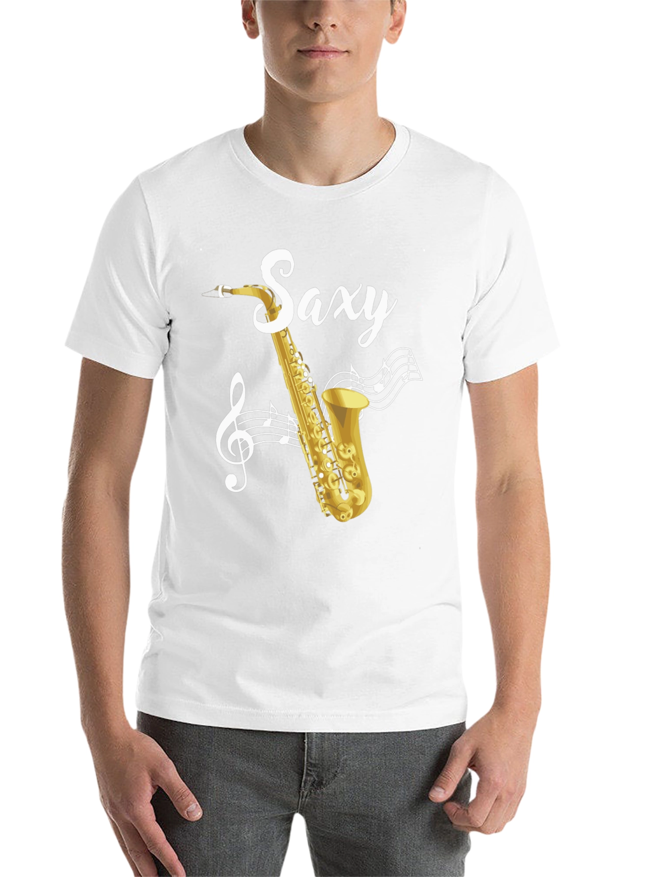 Black Saxy Saxophone Music Notes Graphic T-Shirt view 14
