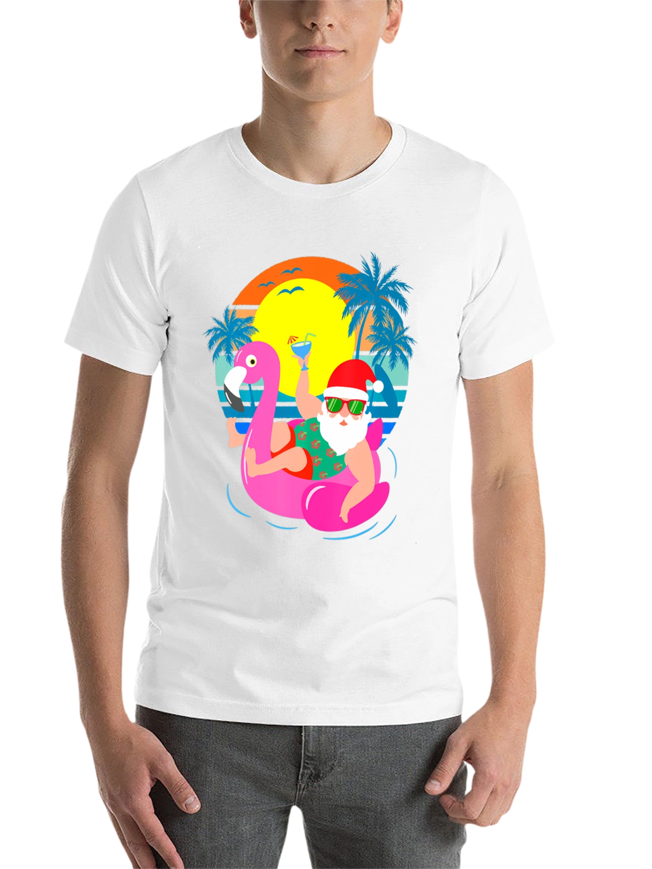 Santa Flamingo Pool Party Graphic T-Shirt - 14