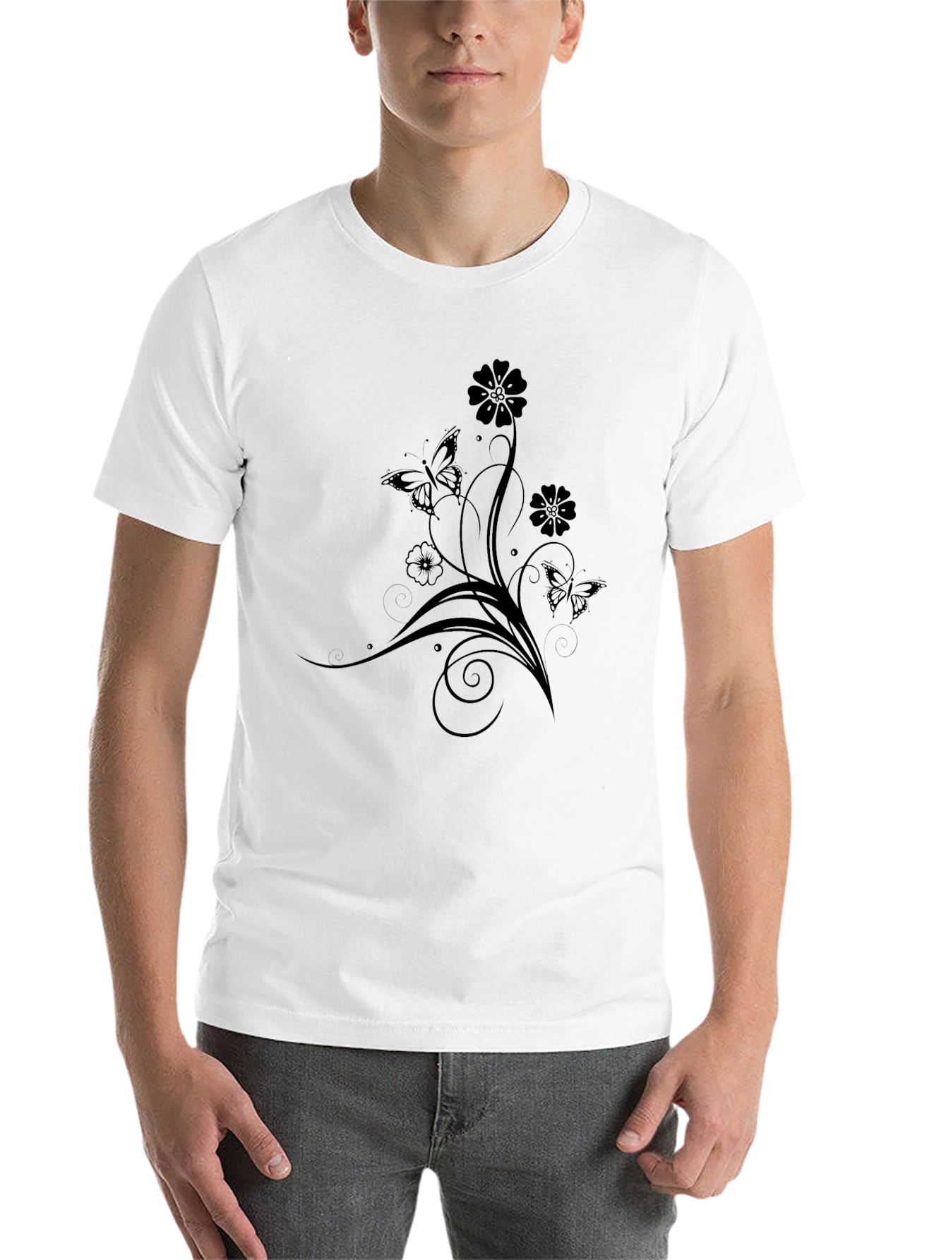 Black Elegant Black Tee with Floral Butterfly Design view 14