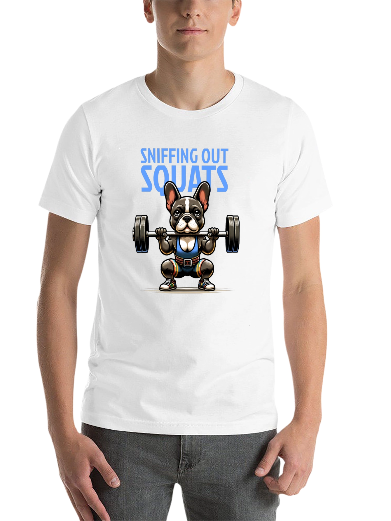 Black Sniffing Out Squats T-Shirt - Fitness Dog Design view 14