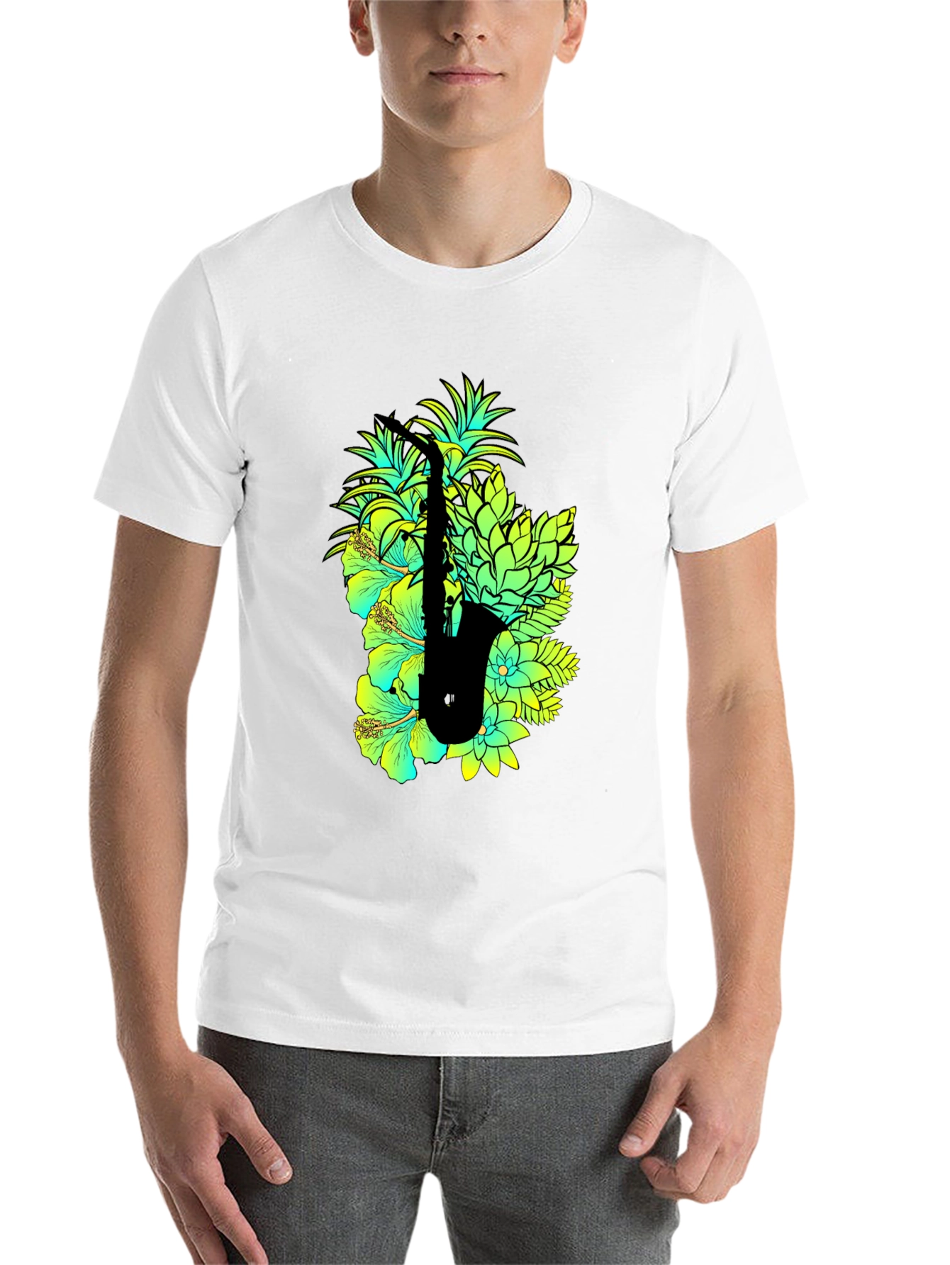 Black Tropical Saxophone Graphic Black T-Shirt view 14