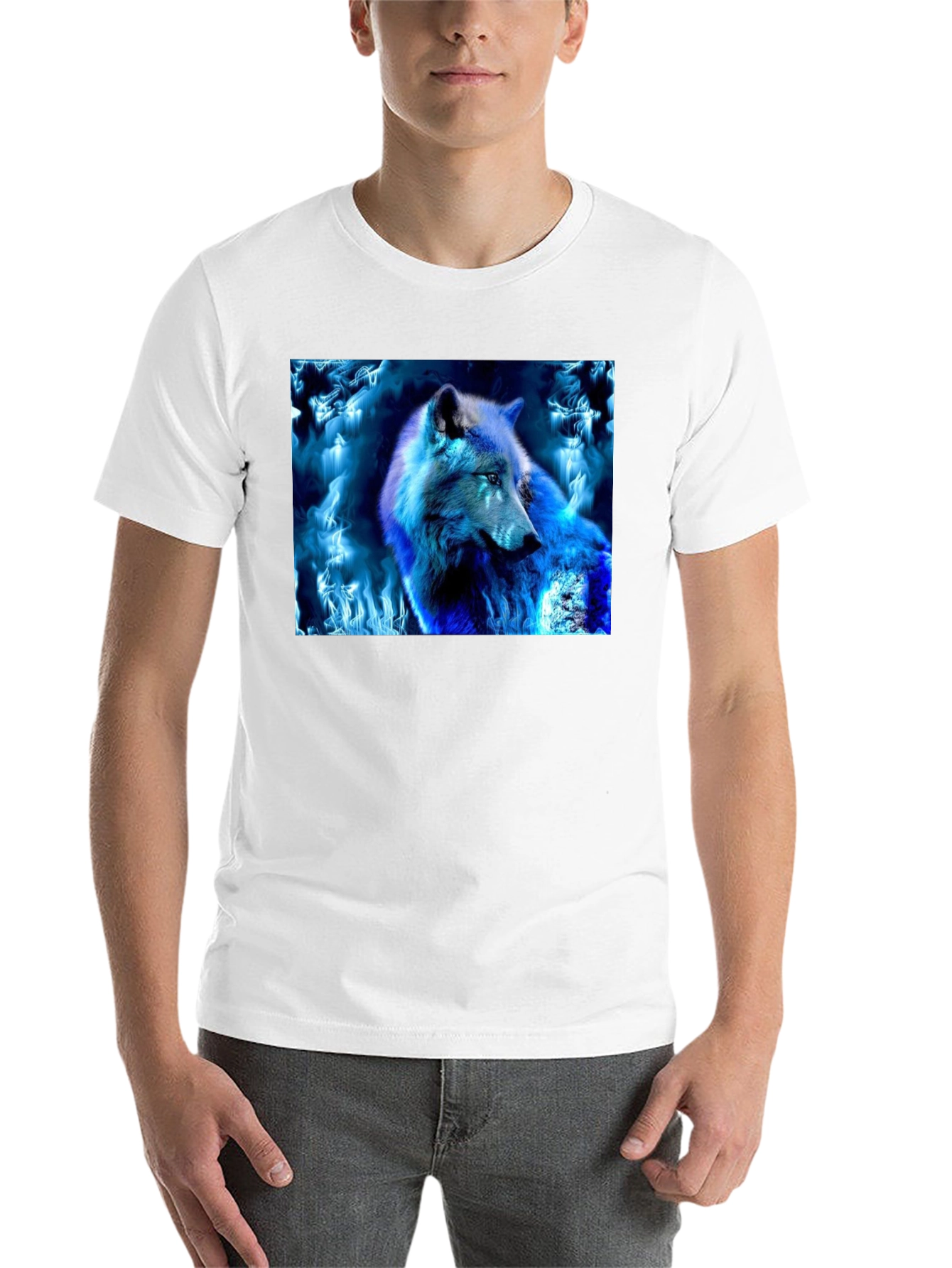 Black Blue Fire Wolf Graphic Tee - Black Cotton Blend view 14
