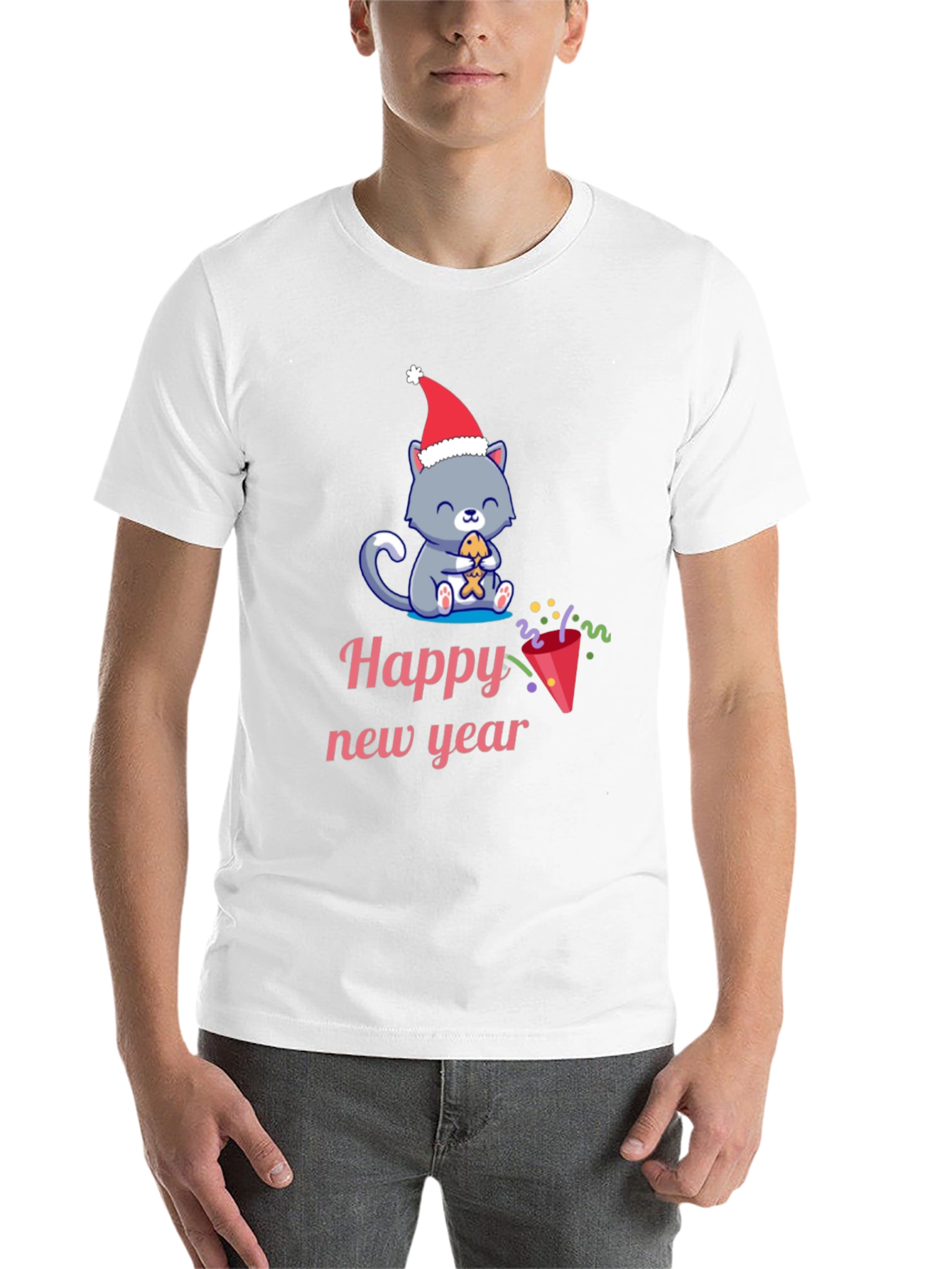 Black Festive Happy New Year Cat T-Shirt view 14