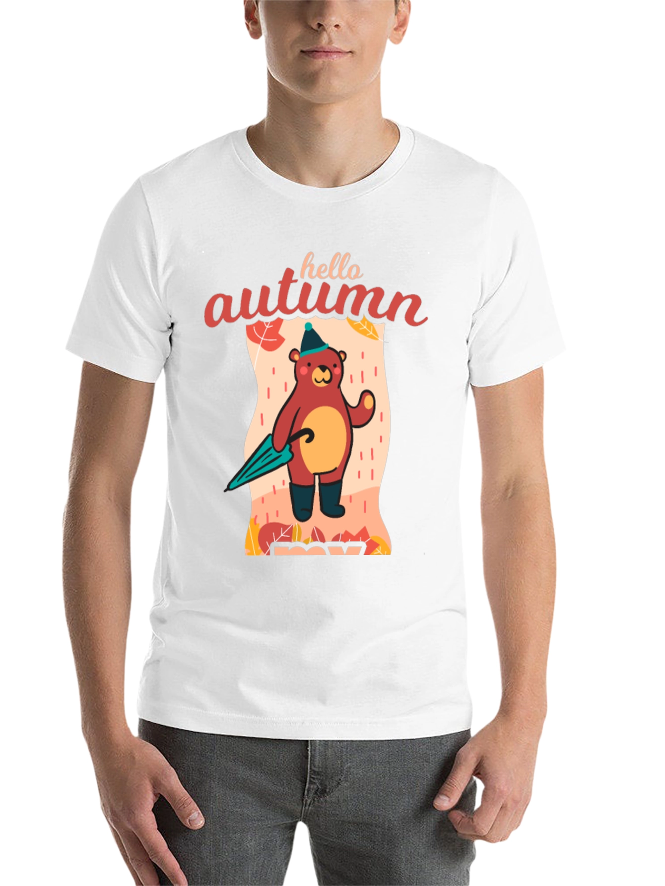 Black Hello Autumn Bear T-Shirt, Fall Season Apparel view 14