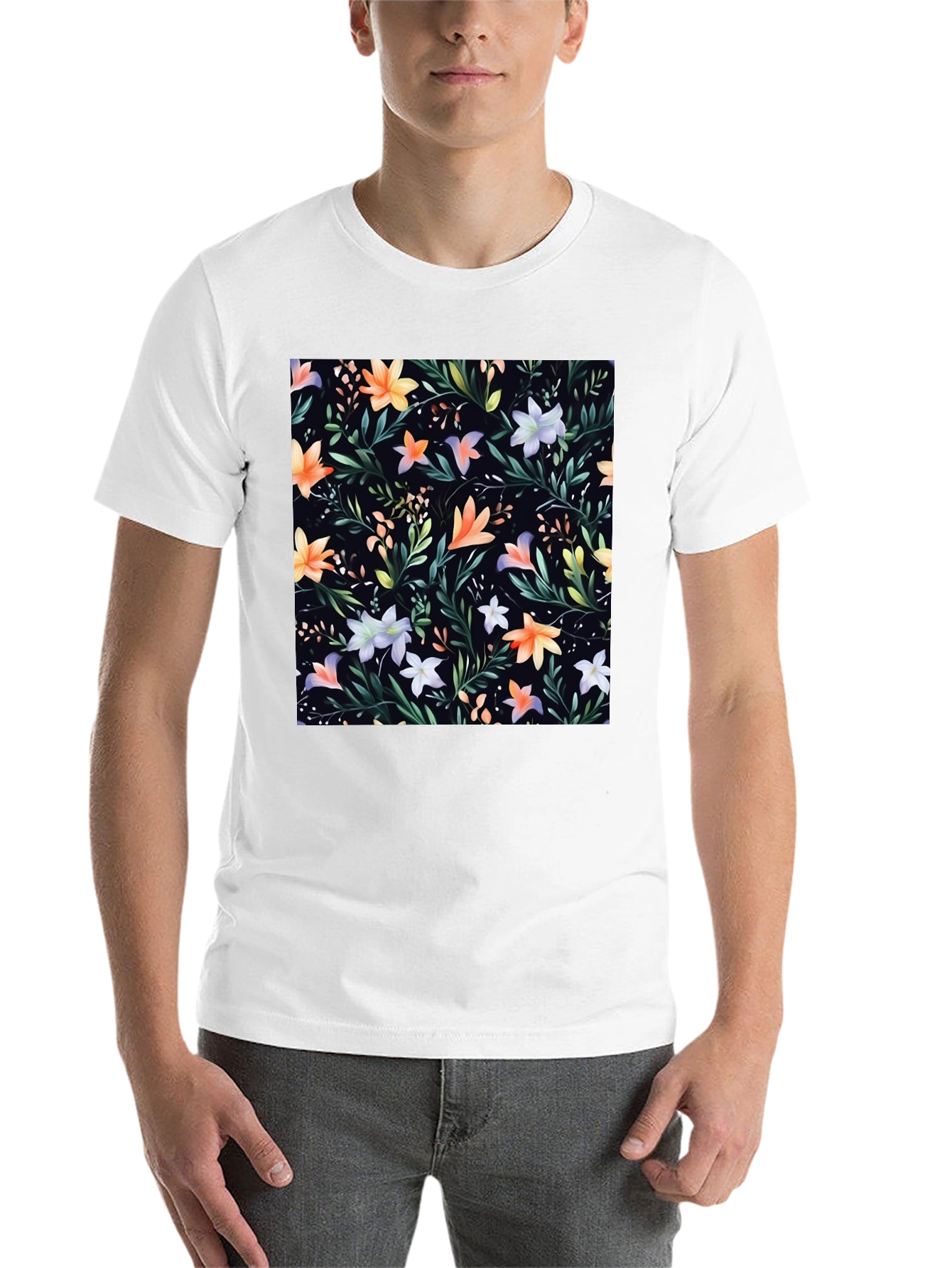 Black Floral Print Black Crew Neck T-Shirt view 14