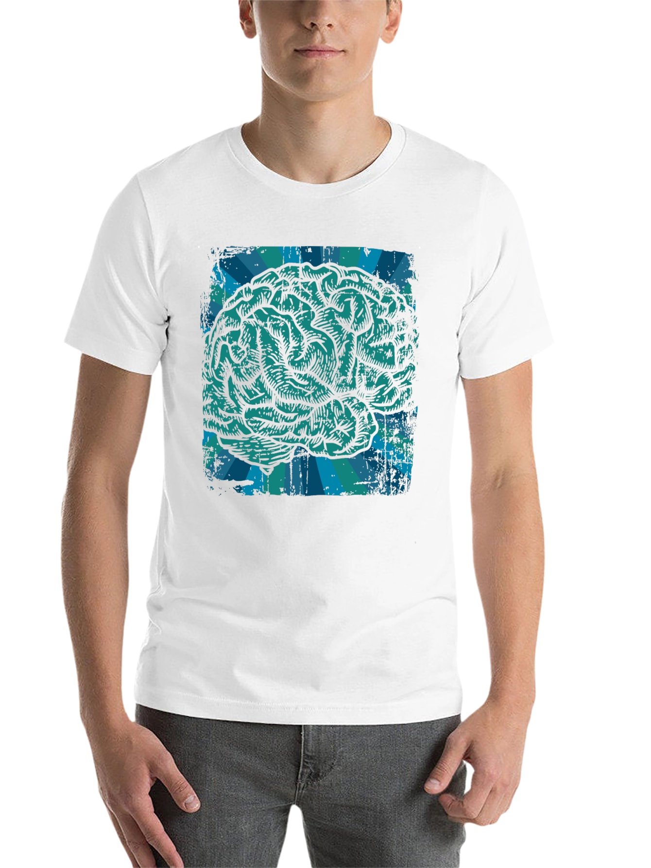 Black Brain Graphic T-Shirt - Teal Illustration on Black Cotton Tee view 14