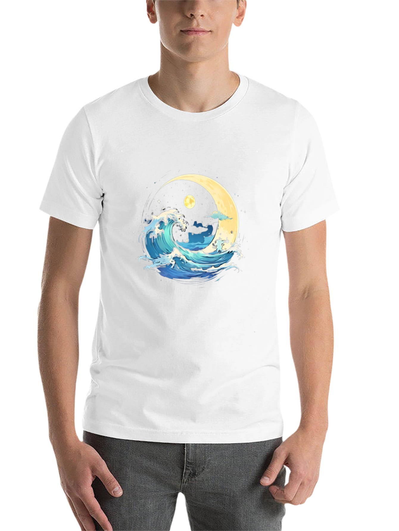 Black Ocean Wave Moon Graphic Black T-Shirt view 14
