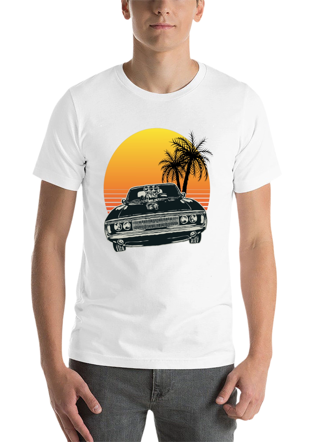 Black Muscle Car Sunset T-Shirt view 14