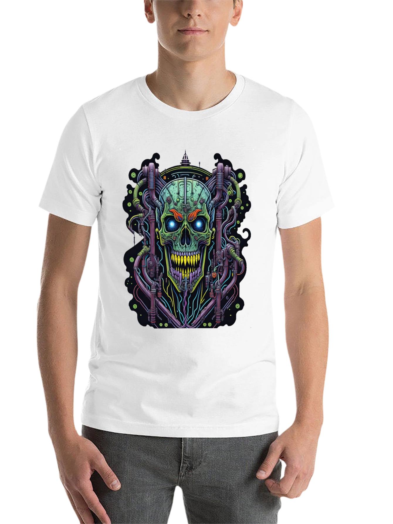 Black Cyberpunk Skull Graphic Tee - Edgy Design view 14