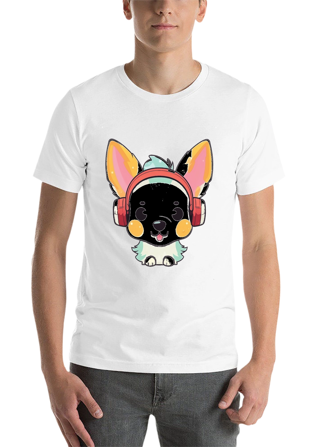 Black Cute Cartoon Animal with Headphones Graphic T-Shirt view 14