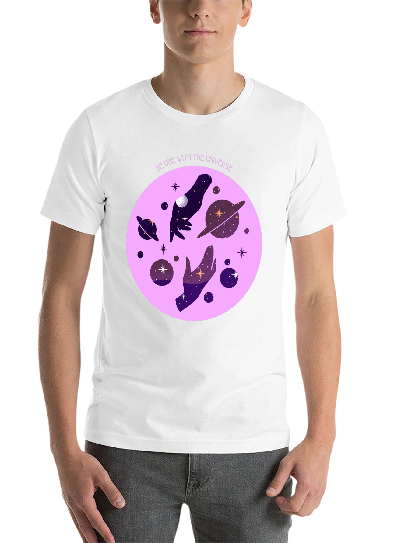 Black Cosmic Universe Graphic T-Shirt - Celestial Hands Design view 14