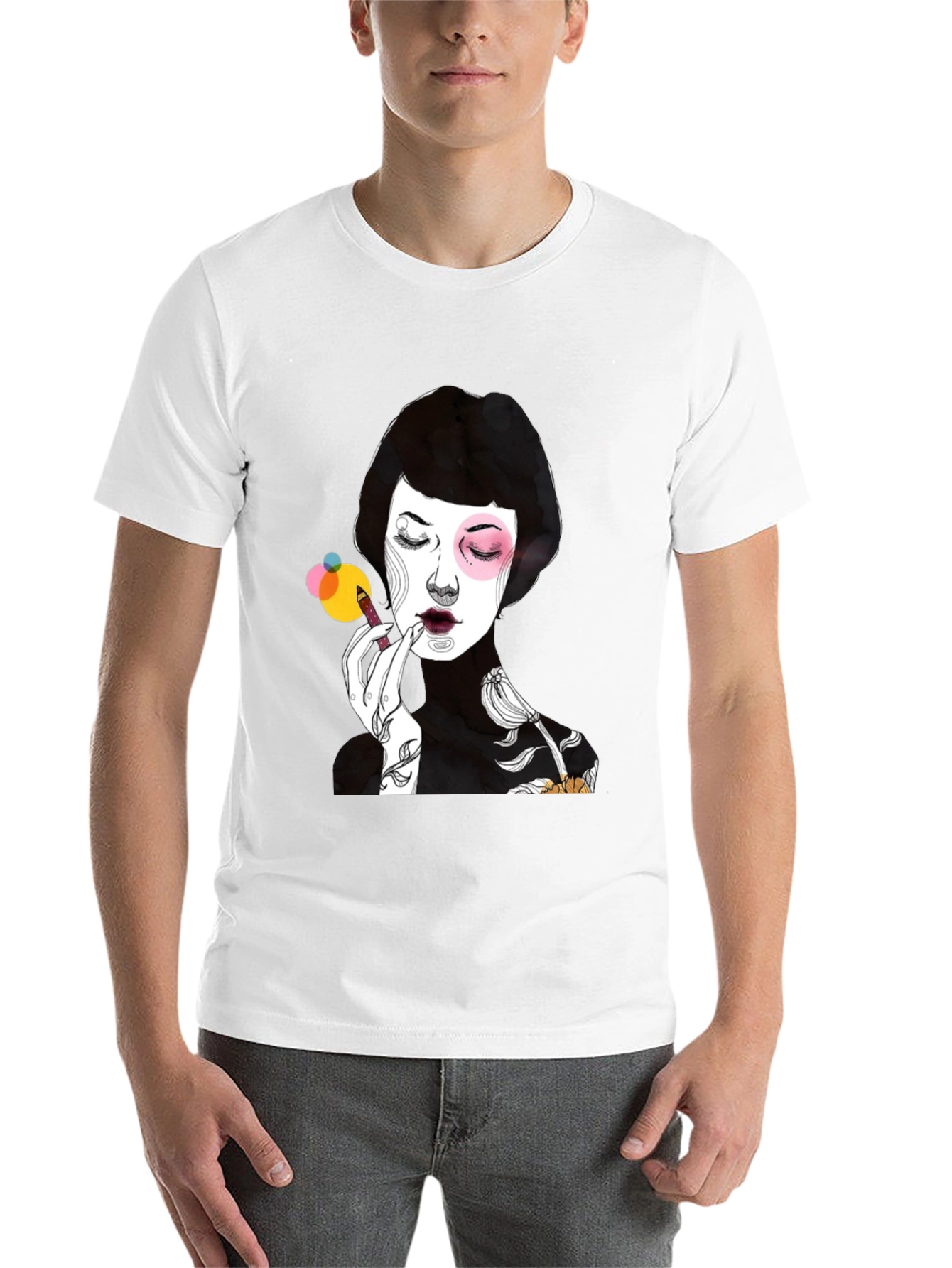 Black Graphic Print Black T-Shirt - Woman Applying Makeup view 14